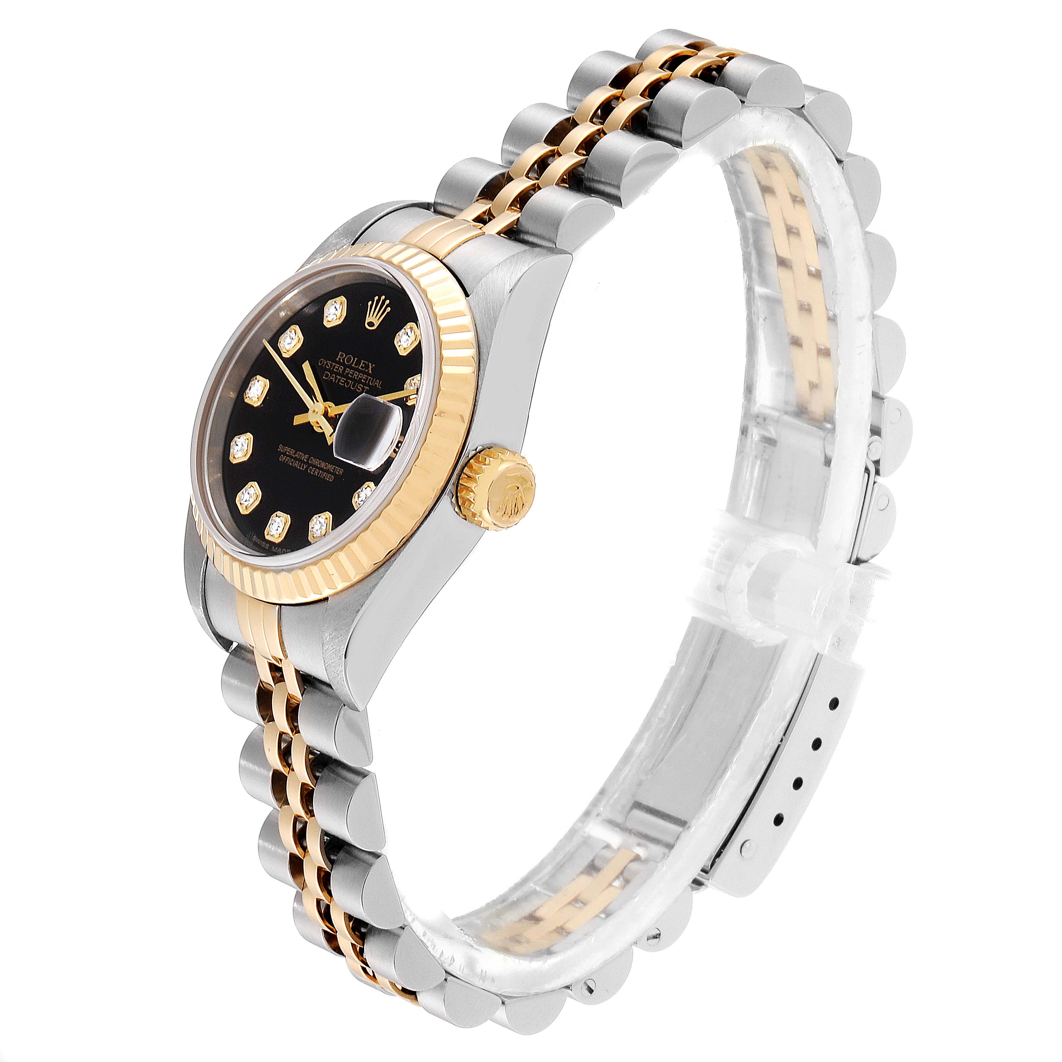 This image shows a Rolex Datejust 79173 Women's Stainless Steel Black Dial 79173 Women's Stainless Steel Black Dial watch from a three-quarter angle, highlighting the dial, bezel, crown, and bracelet.