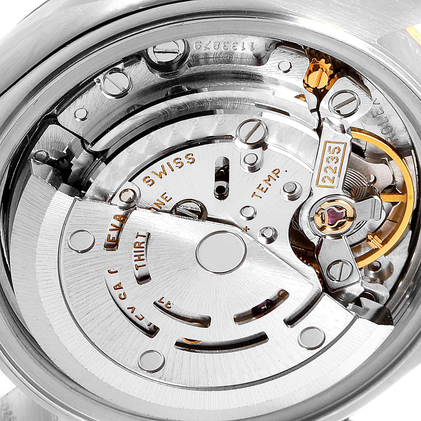 This image shows the internal movement mechanism of a Rolex Datejust 79173 Women's Stainless Steel Black Dial 79173 Women's Stainless Steel Black Dial watch from a close-up angle.