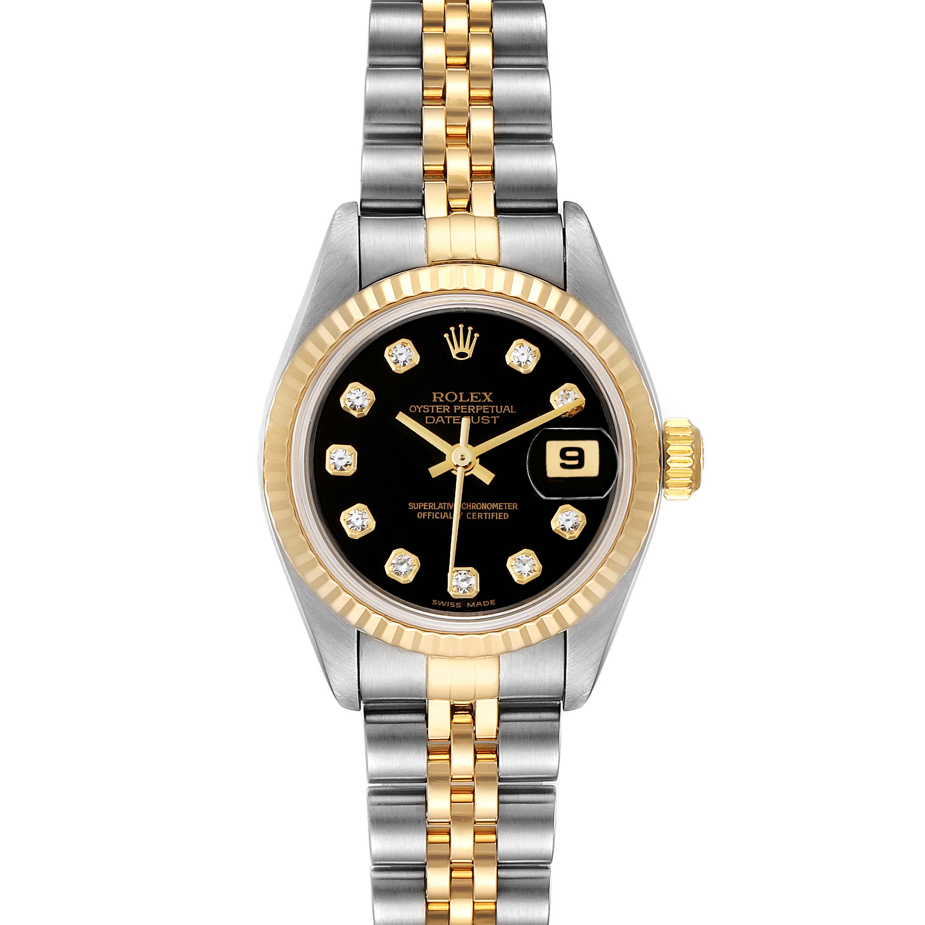 The image shows a Rolex Datejust 79173 Women's Stainless Steel Black Dial 79173 Women's Stainless Steel Black Dial watch from the front, depicting the dial, bezel, crown, and part of the bracelet.