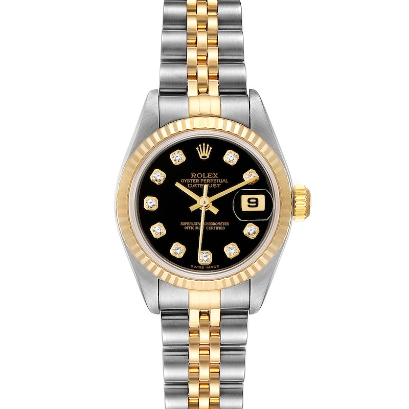 The image shows a Rolex Datejust watch from the front, depicting the dial, bezel, crown, and part of the bracelet.