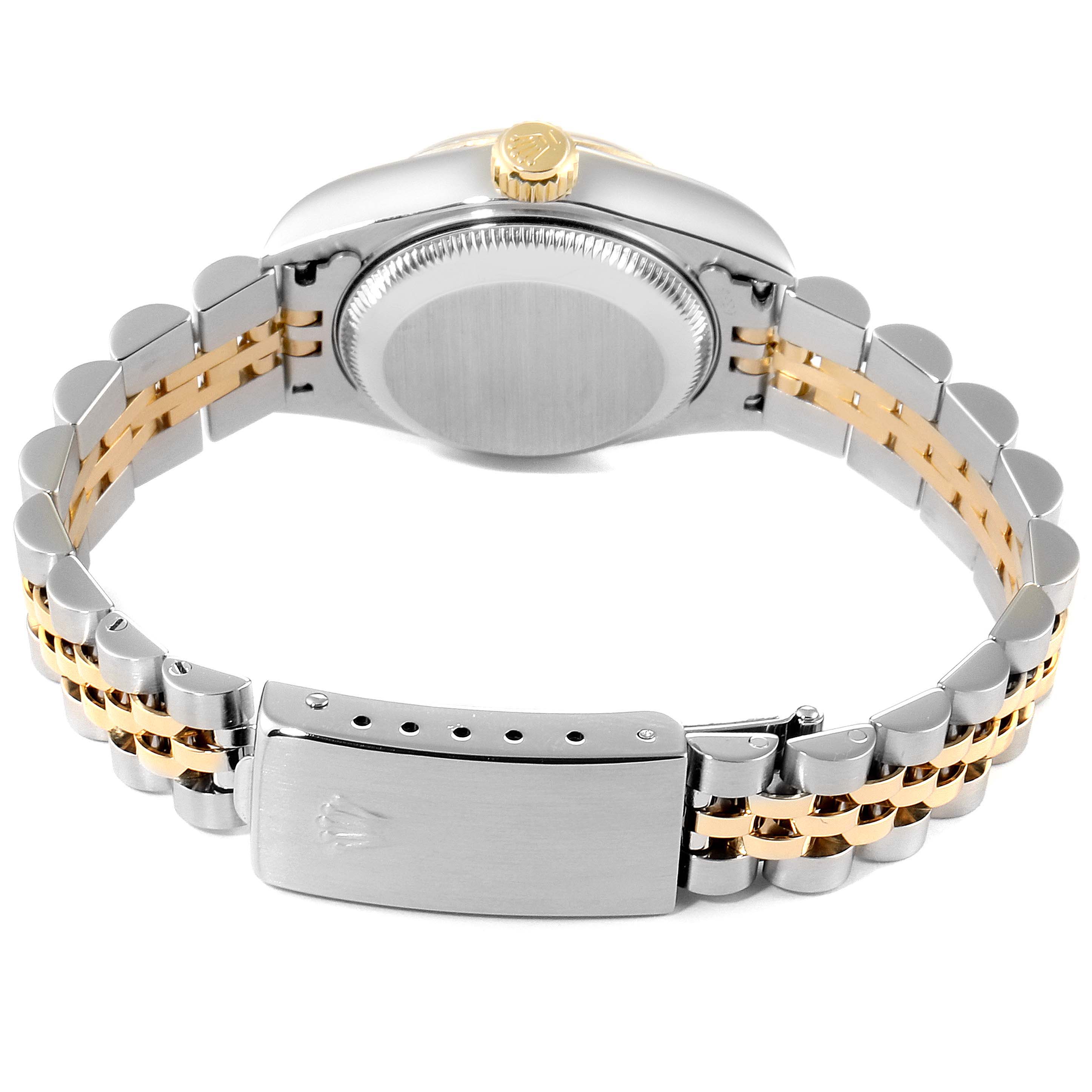 This image shows the back view of the Rolex Datejust 79173 Women's Stainless Steel Black Dial 79173 Women's Stainless Steel Black Dial watch, highlighting its bracelet, clasp, and backside of the case.