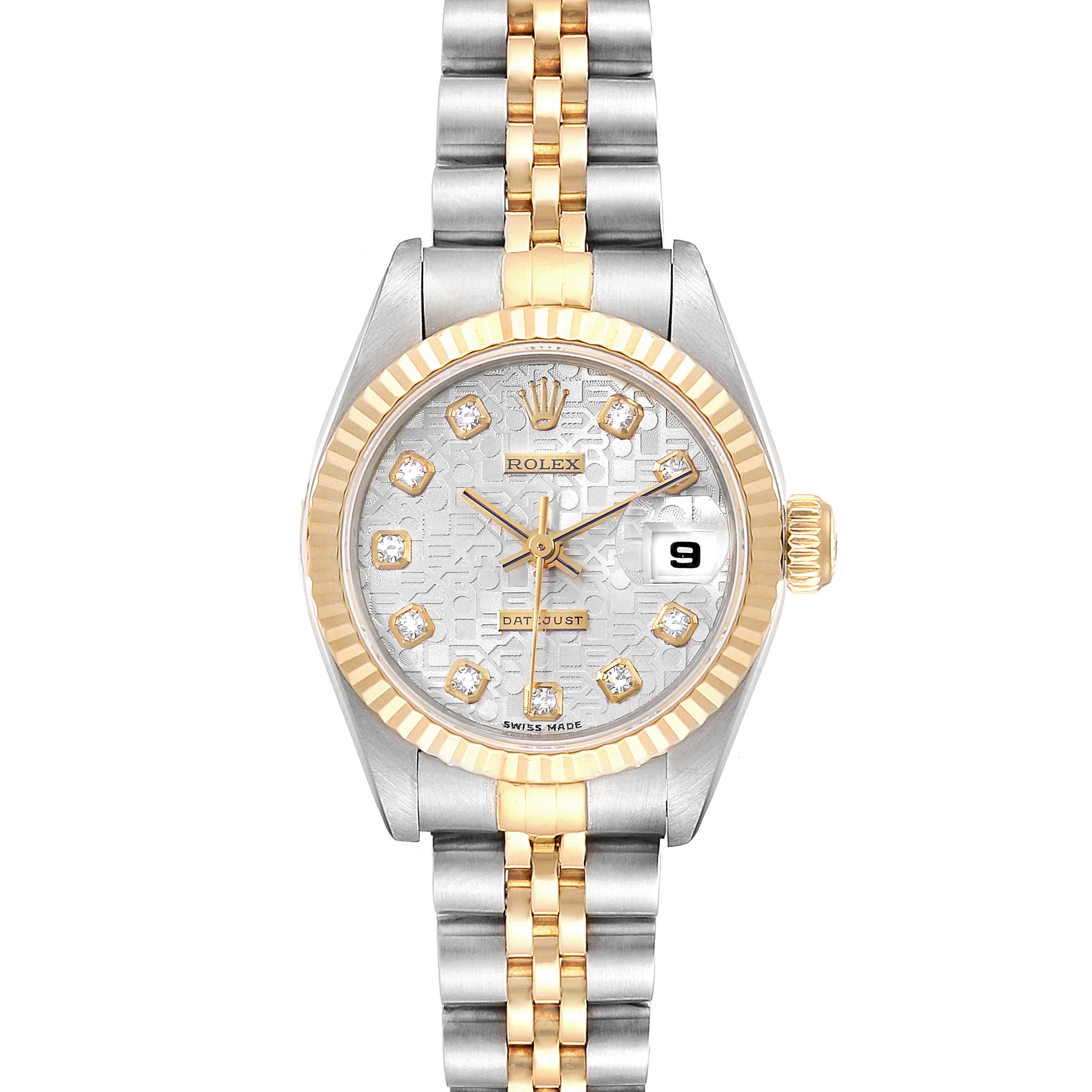 This Rolex Datejust 69173 Women's Stainless Steel Silver Dial 69173 Women's Stainless Steel Silver Dial watch is shown from the front, highlighting the dial, bezel, and part of the bracelet.