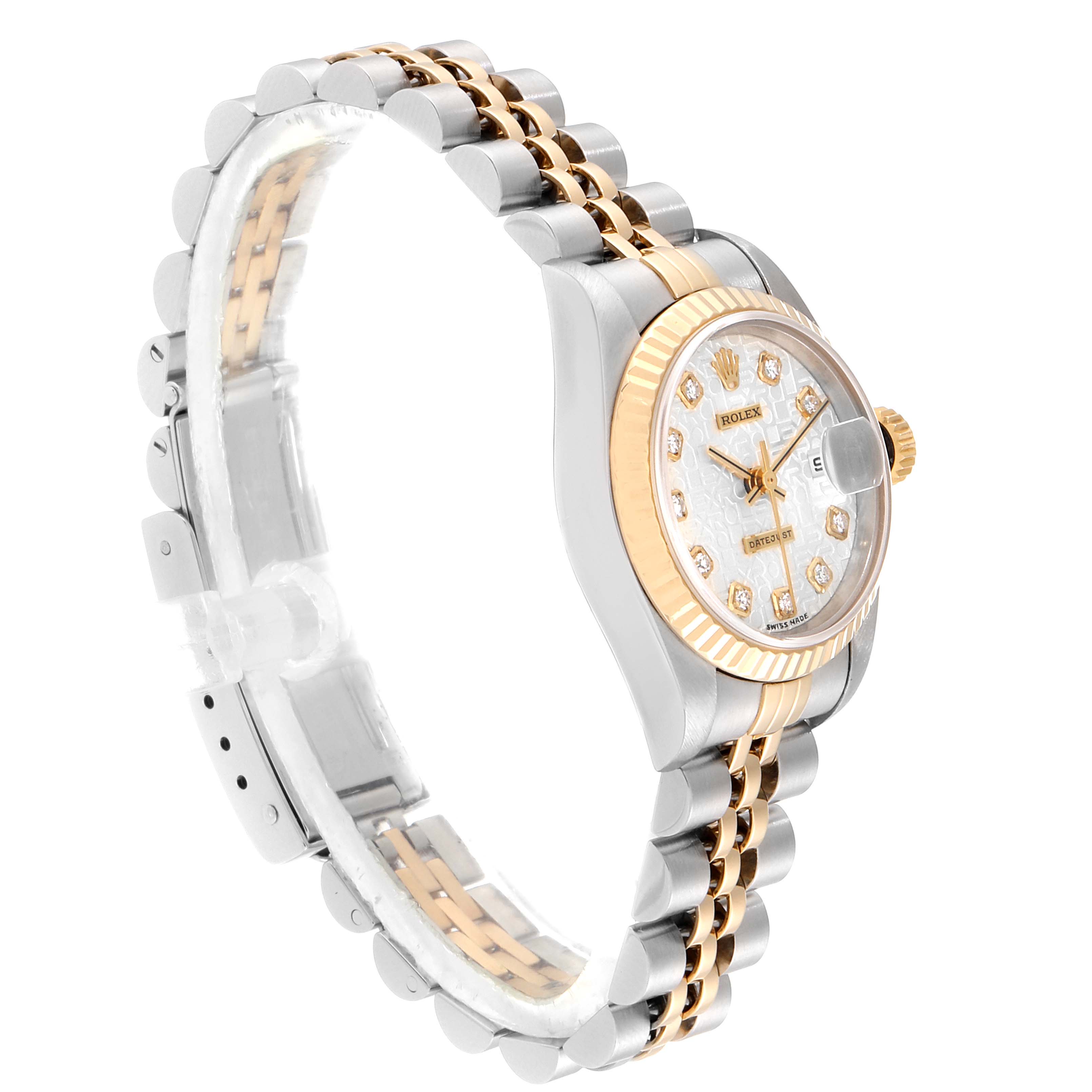 This image shows a side angle of the Rolex Datejust 69173 Women's Stainless Steel Silver Dial 69173 Women's Stainless Steel Silver Dial watch, highlighting its two-tone bracelet, bezel, and diamond hour markers.