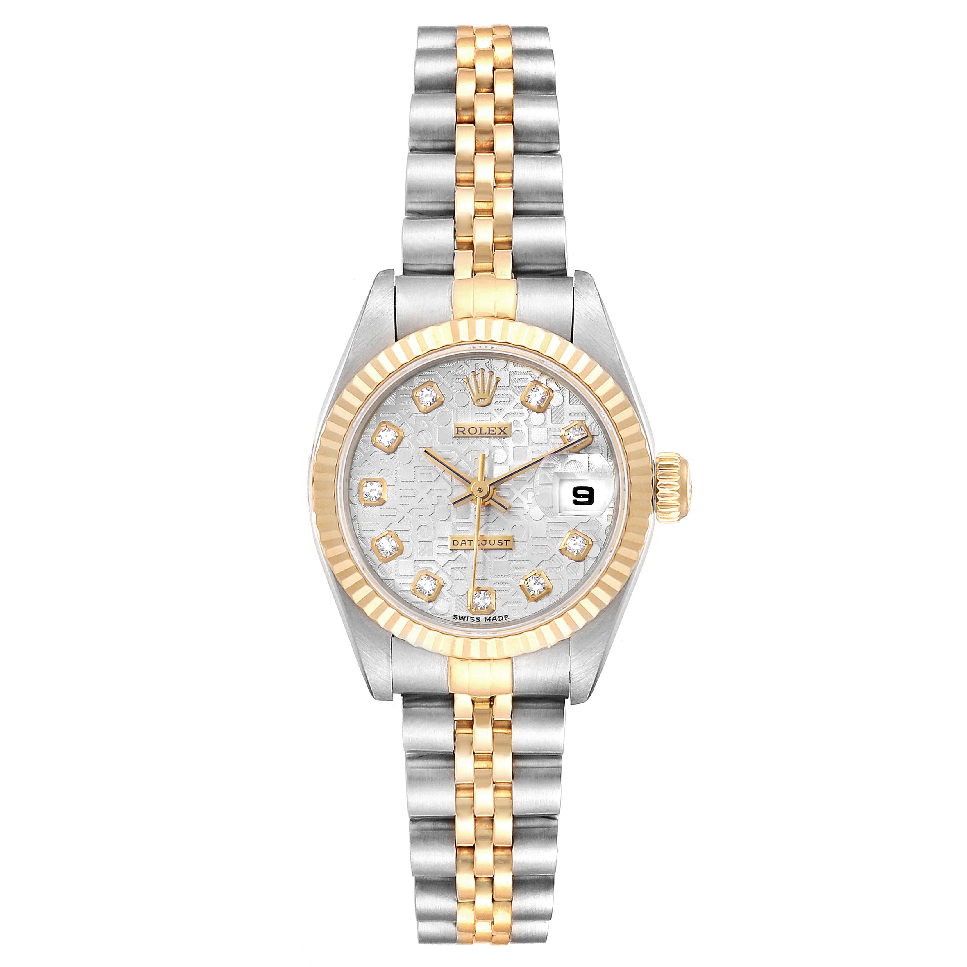This Rolex Datejust 69173 Women's Stainless Steel Silver Dial 69173 Women's Stainless Steel Silver Dial watch is shown from the front, displaying the face, bezel, crown, and bracelet.