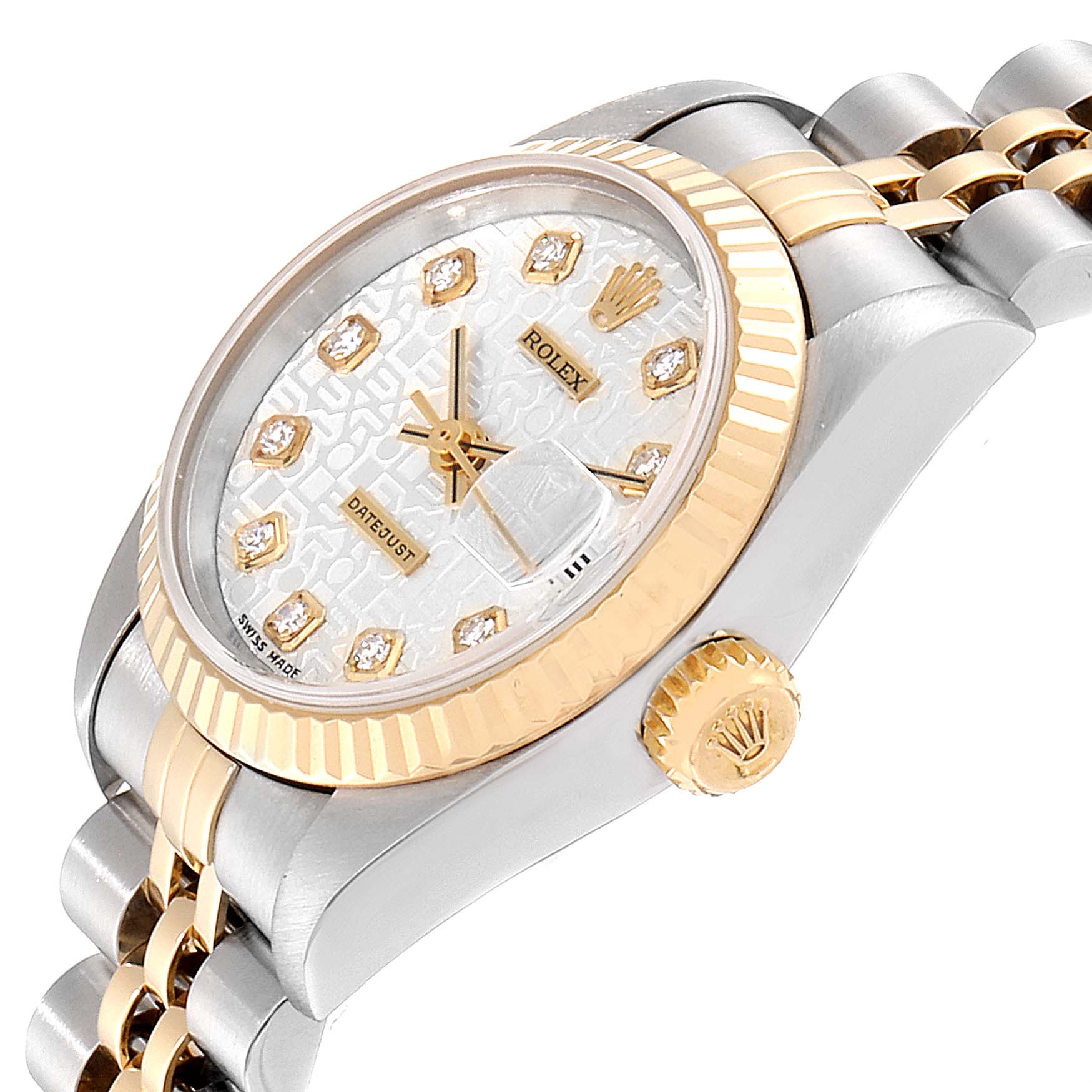 This image showcases the face, bezel, crown, and part of the bracelet of a Rolex Datejust 69173 Women's Stainless Steel Silver Dial 69173 Women's Stainless Steel Silver Dial watch at an angled view.