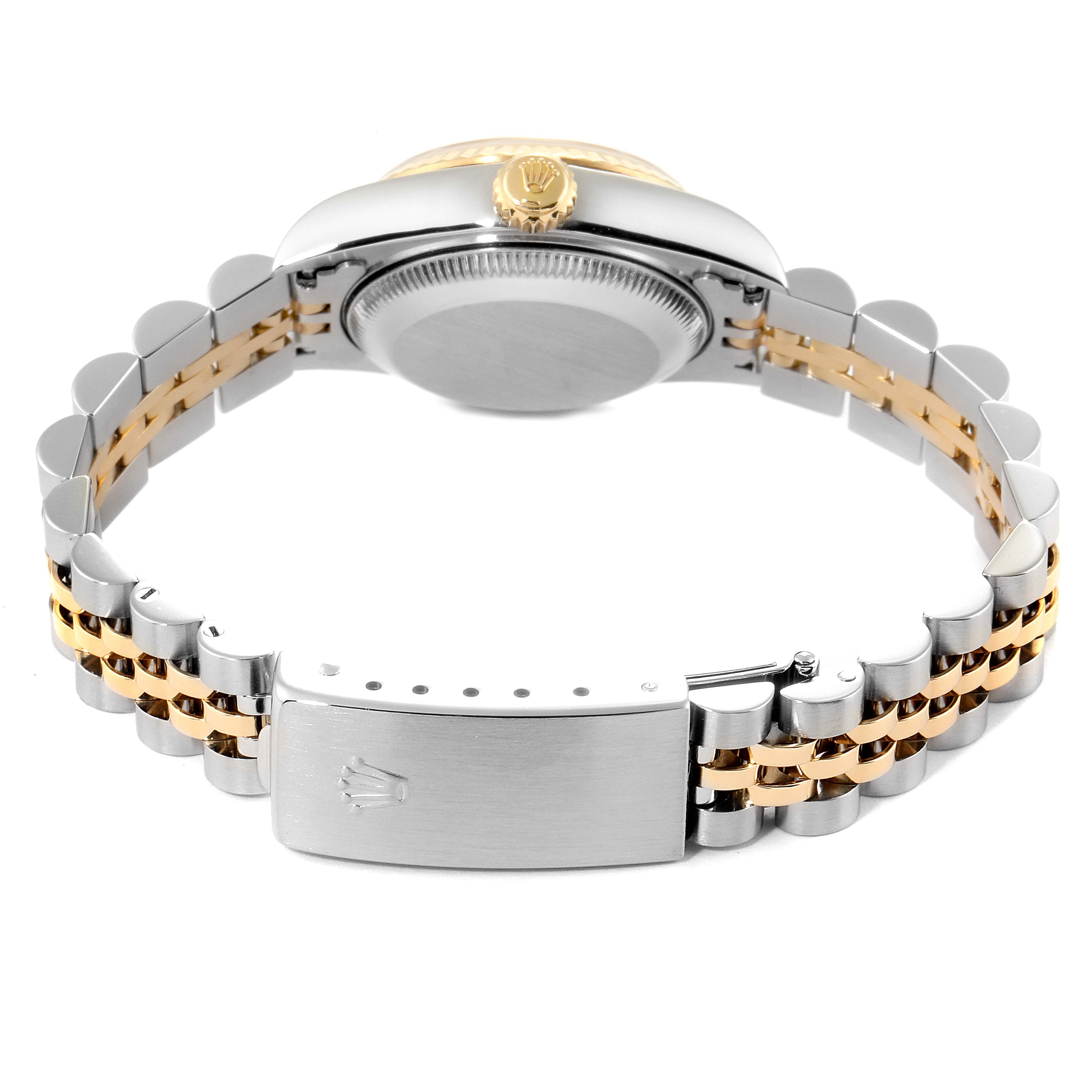 This image shows the back view of a Rolex Datejust 69173 Women's Stainless Steel Silver Dial 69173 Women's Stainless Steel Silver Dial watch, displaying the case back, bracelet, and clasp.