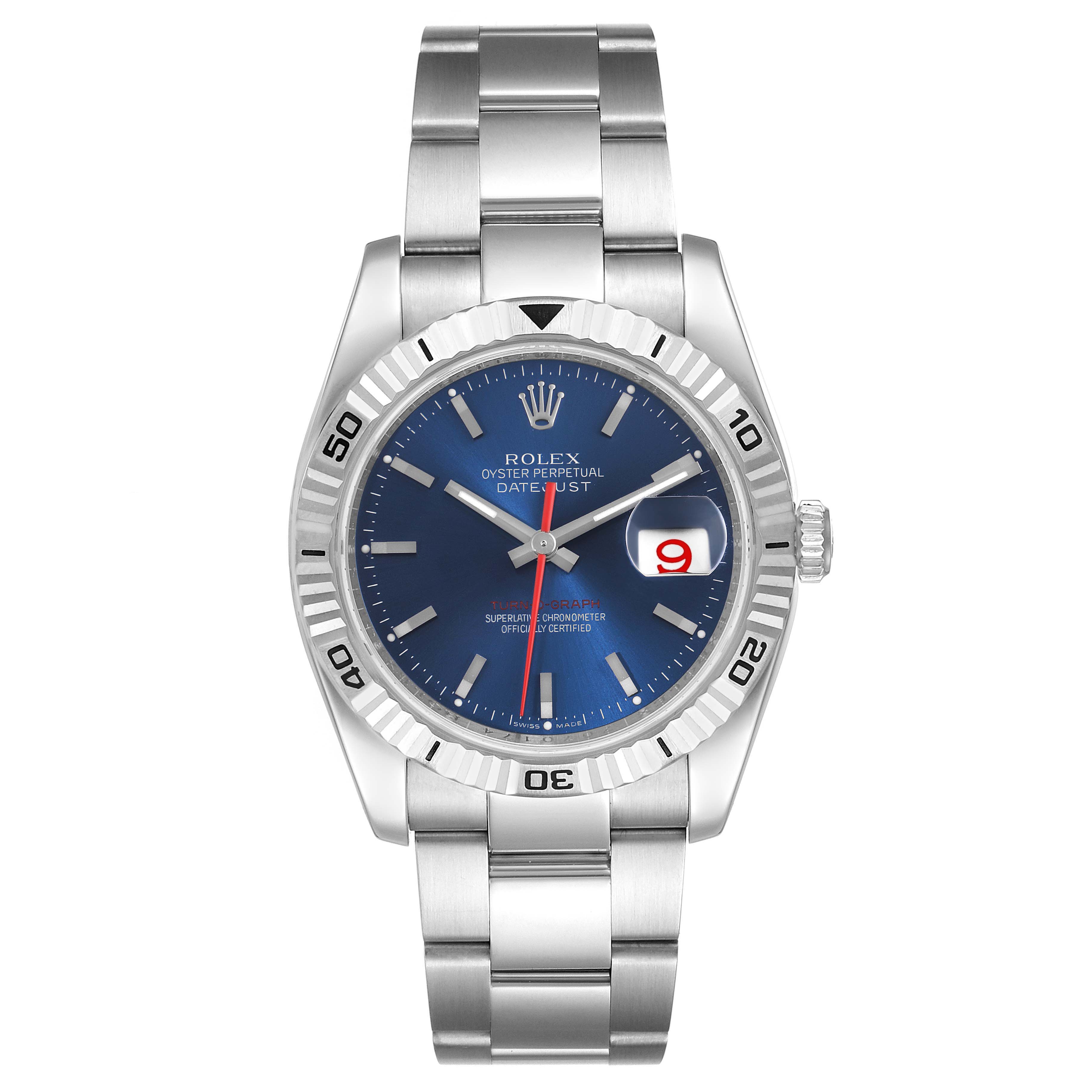 The photo displays a front view of the Rolex Turn-o-Graph 116264 Men
s Stainless Steel Blue Dial 116264 Men
s Stainless Steel Blue Dial watch, showcasing its face, dial, bezel, and bracelet.