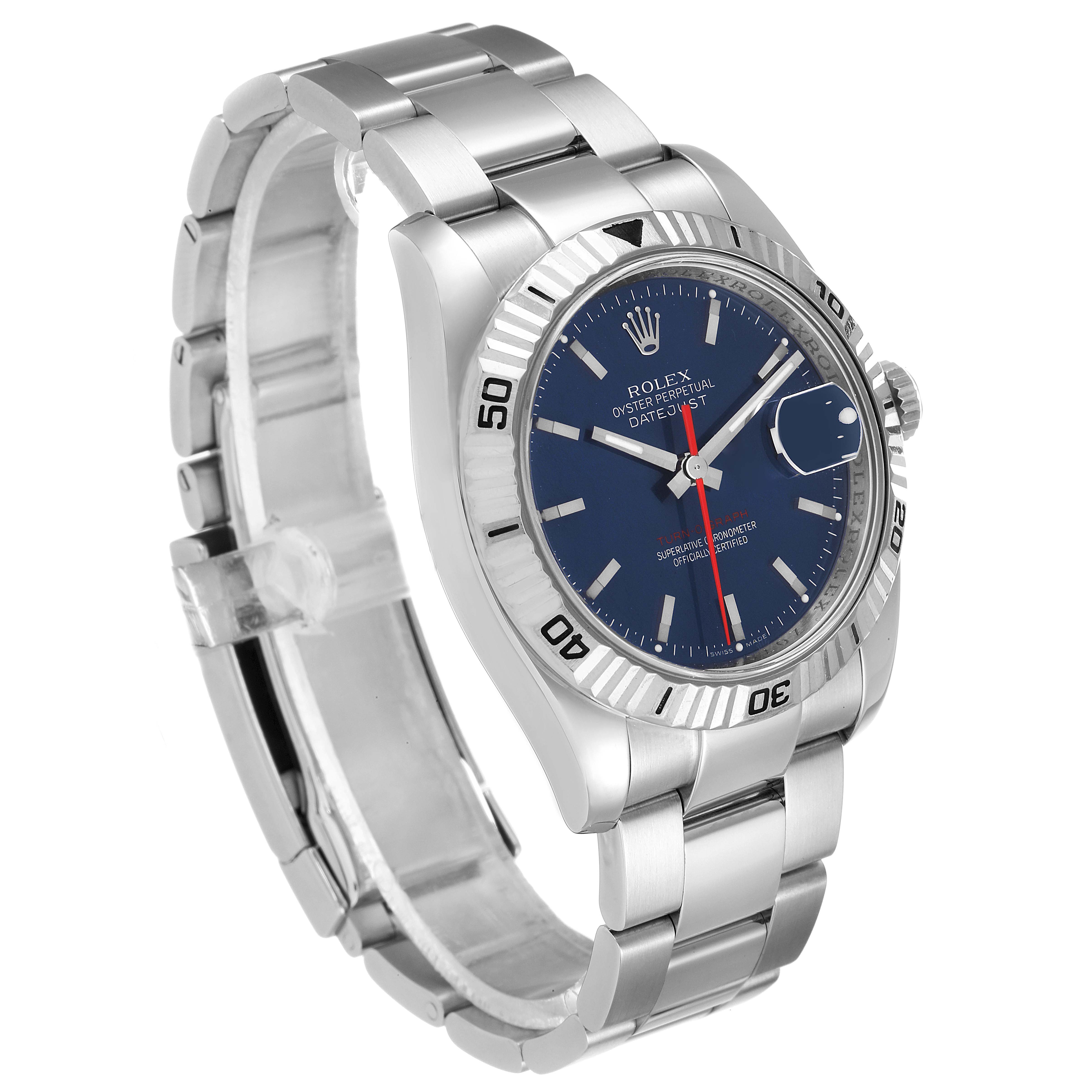 The image shows a Rolex Turn-o-Graph 116264 Men
s Stainless Steel Blue Dial 116264 Men
s Stainless Steel Blue Dial watch at a three-quarter angle, highlighting the dial, bezel, and bracelet.