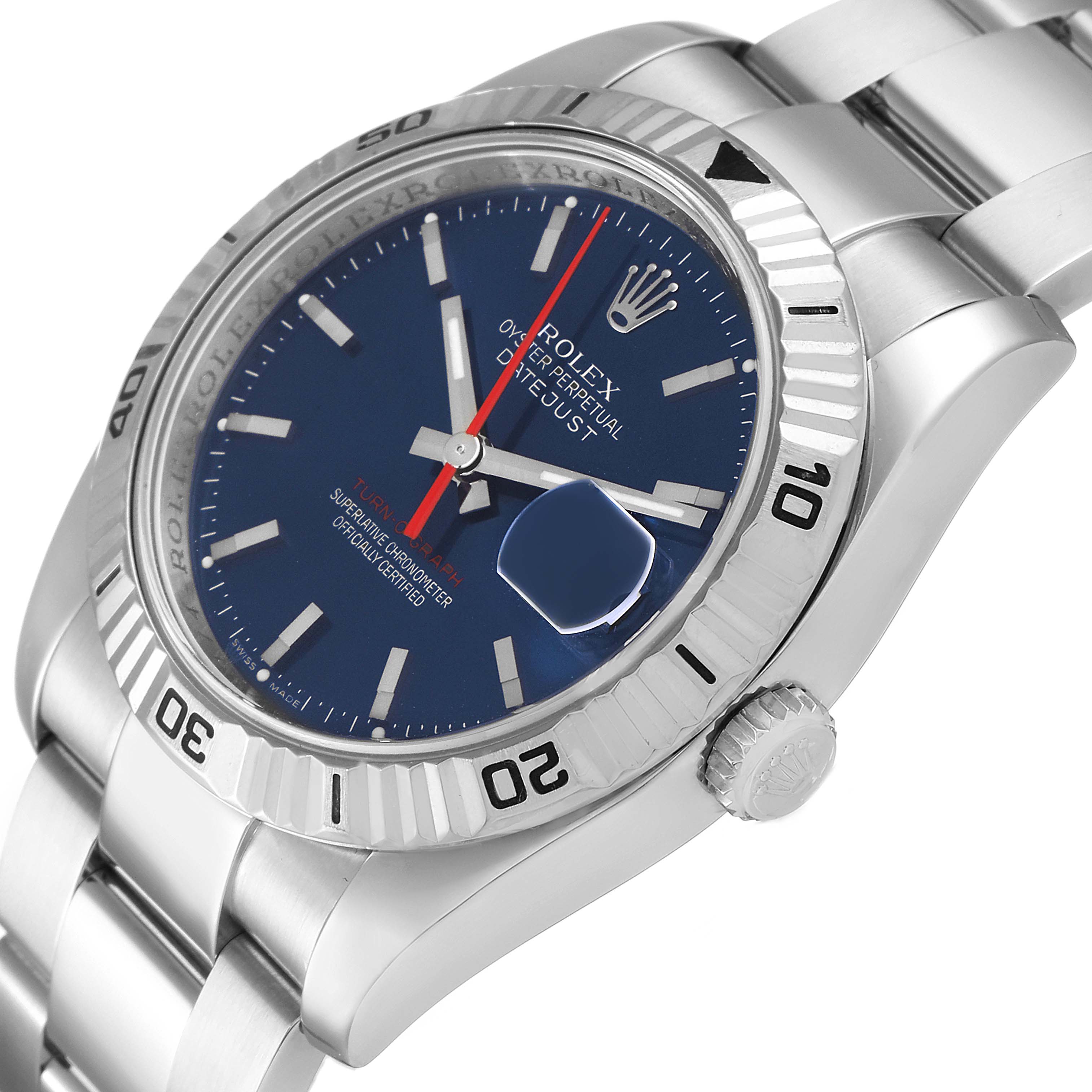 This image shows a Rolex Turn-o-Graph 116264 Men
s Stainless Steel Blue Dial 116264 Men
s Stainless Steel Blue Dial watch at a tilted angle, highlighting the dial, bezel, crown, and bracelet links.