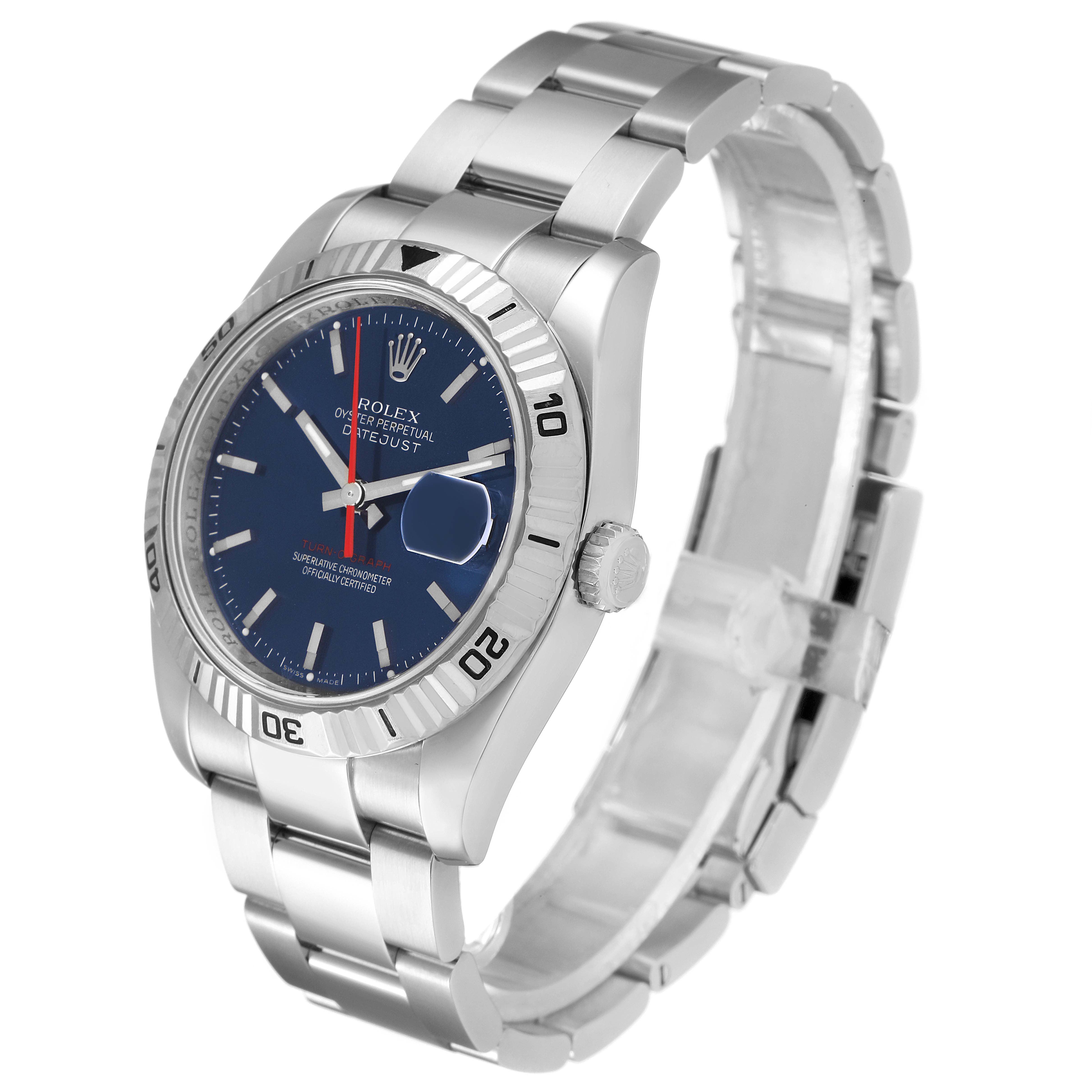 The Rolex Turn-o-Graph 116264 Men
s Stainless Steel Blue Dial 116264 Men
s Stainless Steel Blue Dial watch is shown from an angle displaying the dial, bezel, crown, and bracelet.