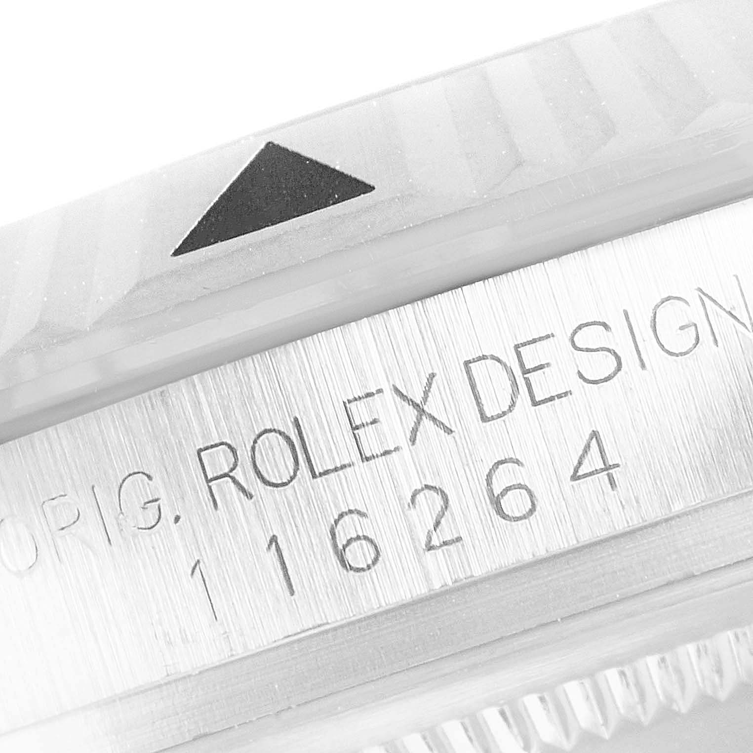 This image shows a close-up of the bezel and case side of a Rolex Turn-o-Graph 116264 Men
s Stainless Steel Blue Dial 116264 Men
s Stainless Steel Blue Dial model, focusing on the engraved reference number.