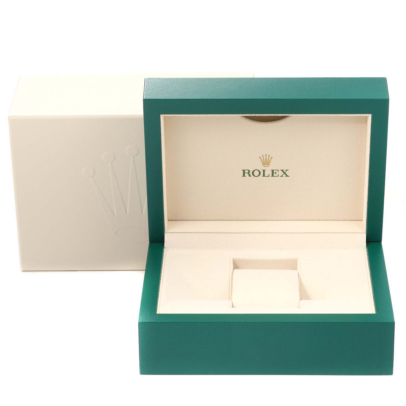 The image shows the open box and outer packaging for a Rolex Turn-o-Graph 116264 Men
s Stainless Steel Blue Dial 116264 Men
s Stainless Steel Blue Dial watch from a front angle.
