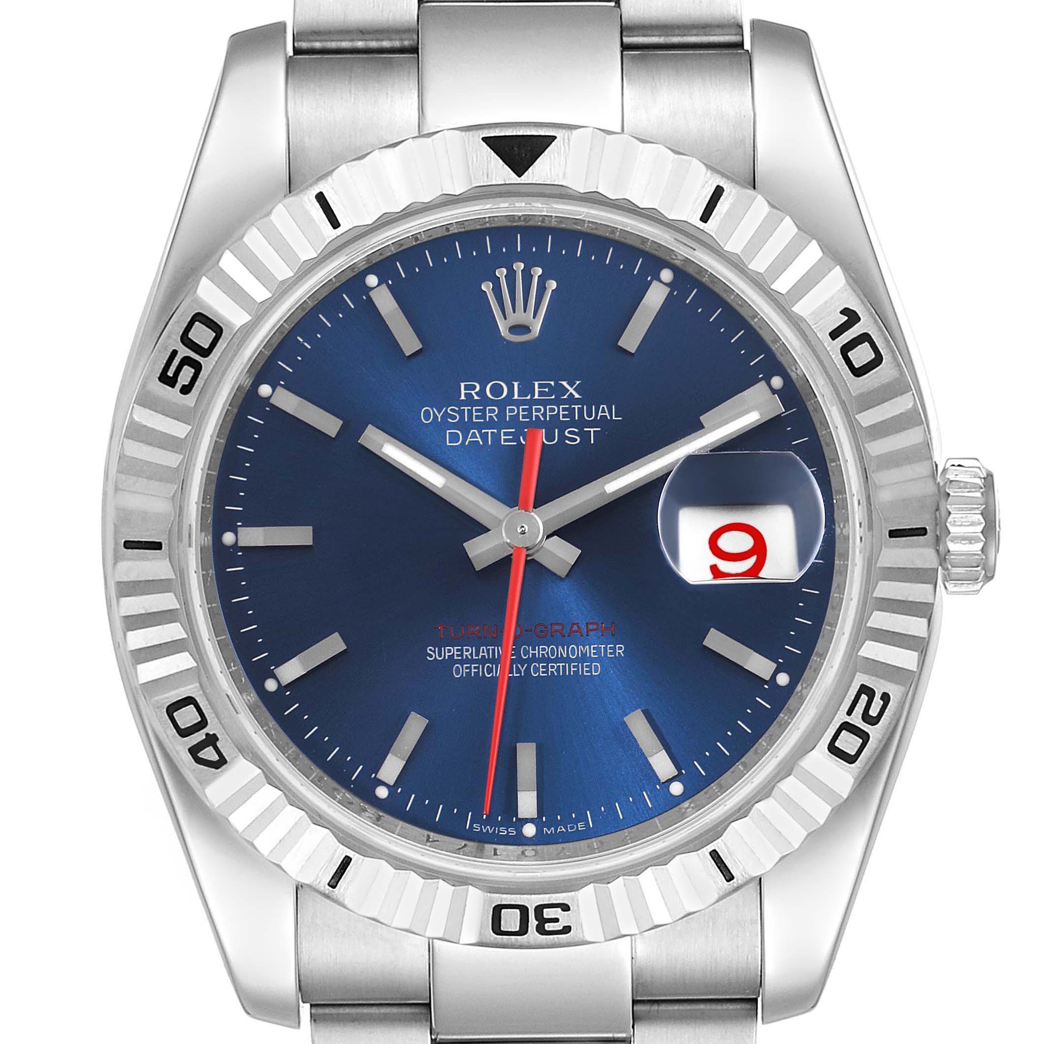 The image shows a front view of the Rolex Turn-o-Graph 116264 Men
s Stainless Steel Blue Dial 116264 Men
s Stainless Steel Blue Dial watch, highlighting the dial, bezel, hands, and date window.