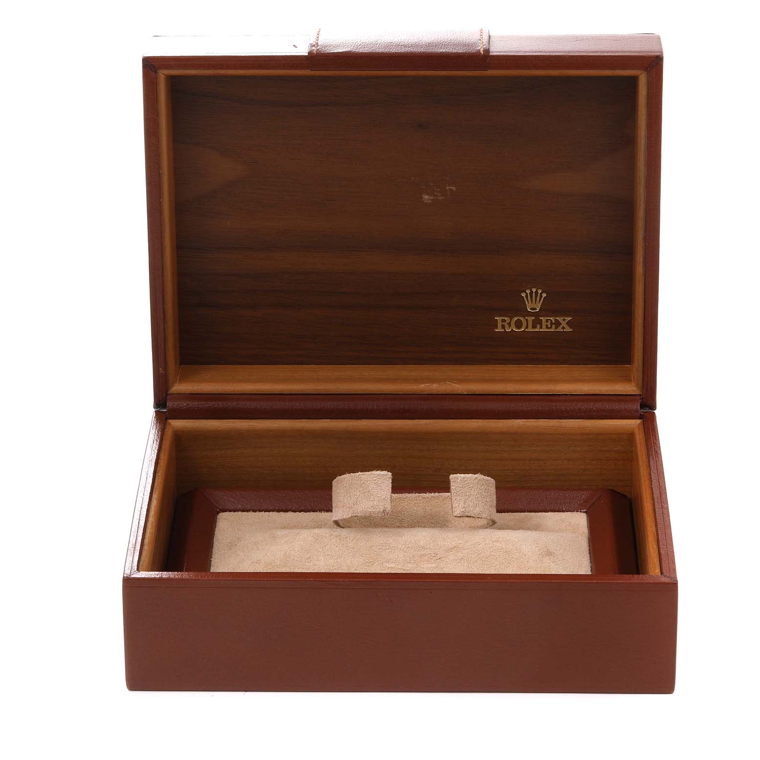 This is an open wooden Rolex President 18248 Men's Yellow Gold White Dial 18248 Men's Yellow Gold White Dial model watch box with the Rolex logo inside the lid.