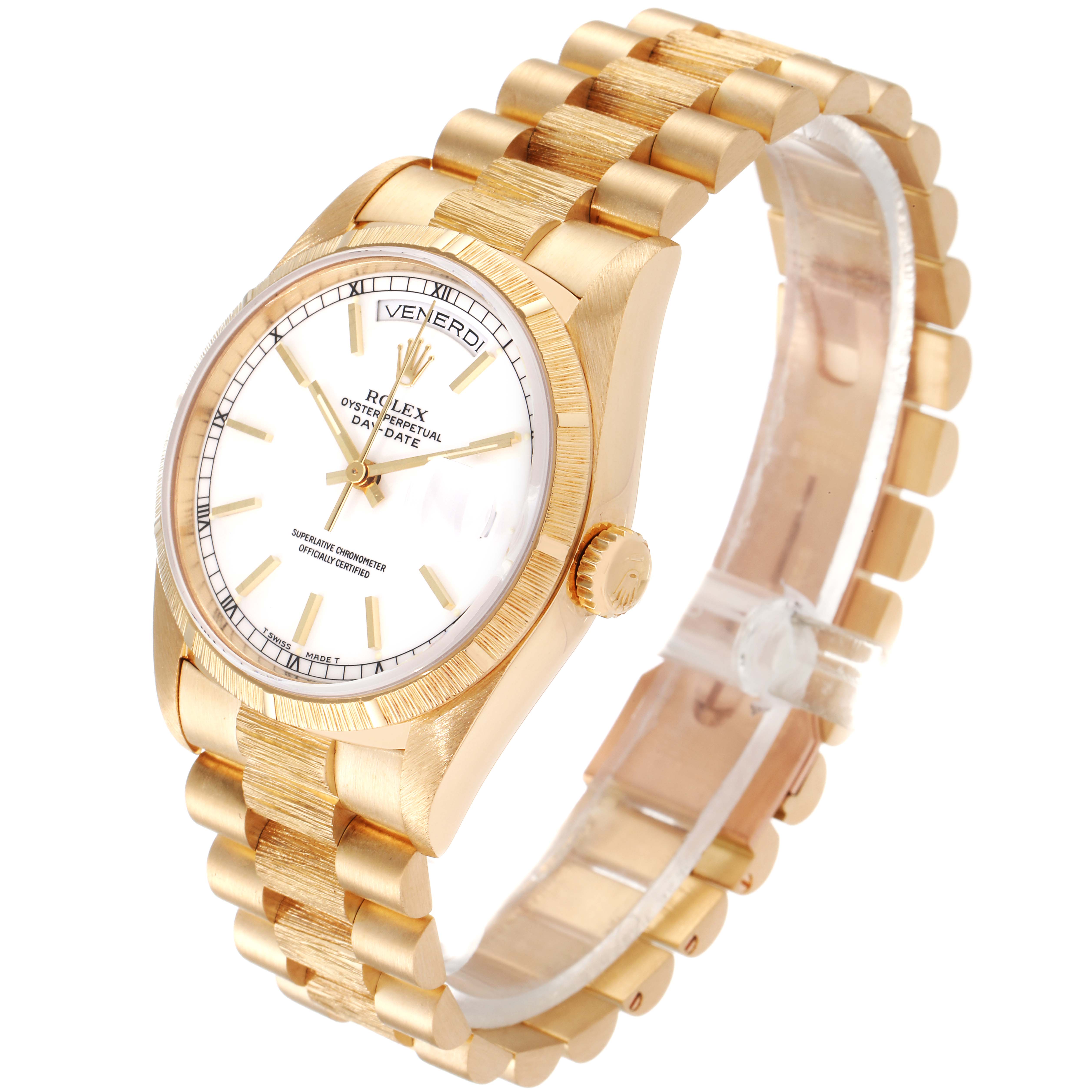 The image shows a side angle of a Rolex President 18248 Men's Yellow Gold White Dial 18248 Men's Yellow Gold White Dial model watch, featuring its gold band, dial, and bezel.