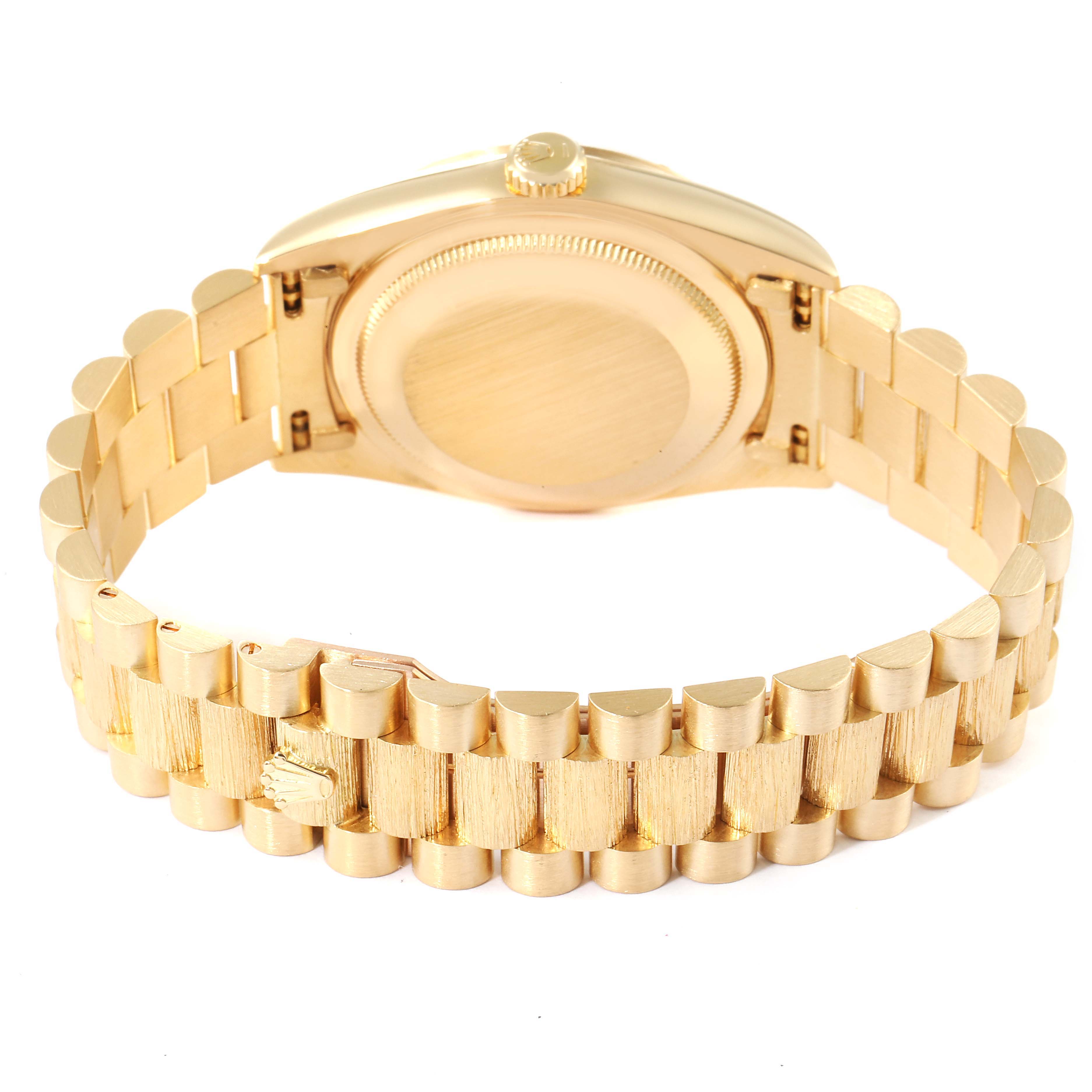 The image shows the back view of a Rolex President 18248 Men's Yellow Gold White Dial 18248 Men's Yellow Gold White Dial model watch, highlighting its case back and bracelet.