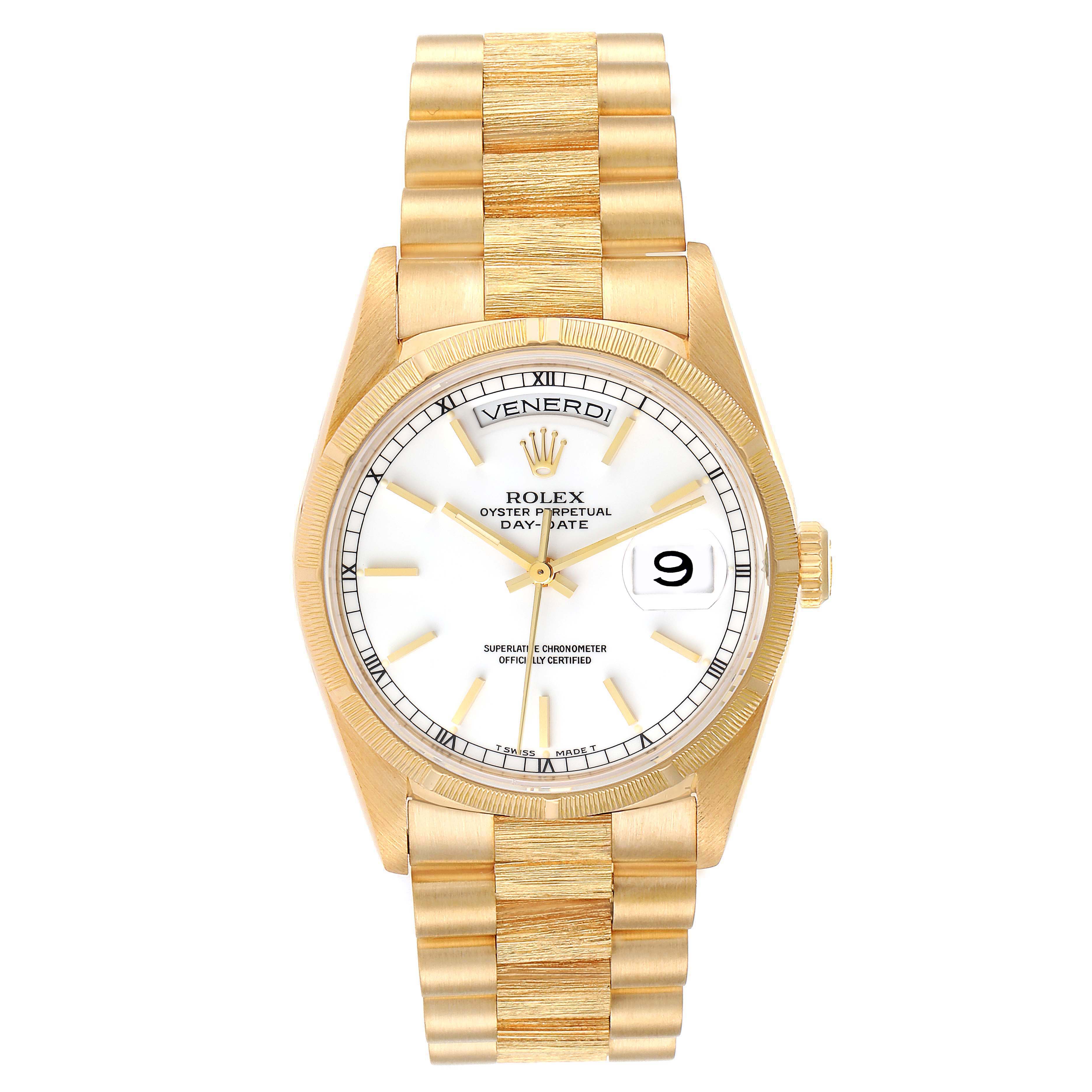 This image shows a frontal view of the Rolex President 18248 Men's Yellow Gold White Dial 18248 Men's Yellow Gold White Dial model watch, featuring its face, bezel, and bracelet.