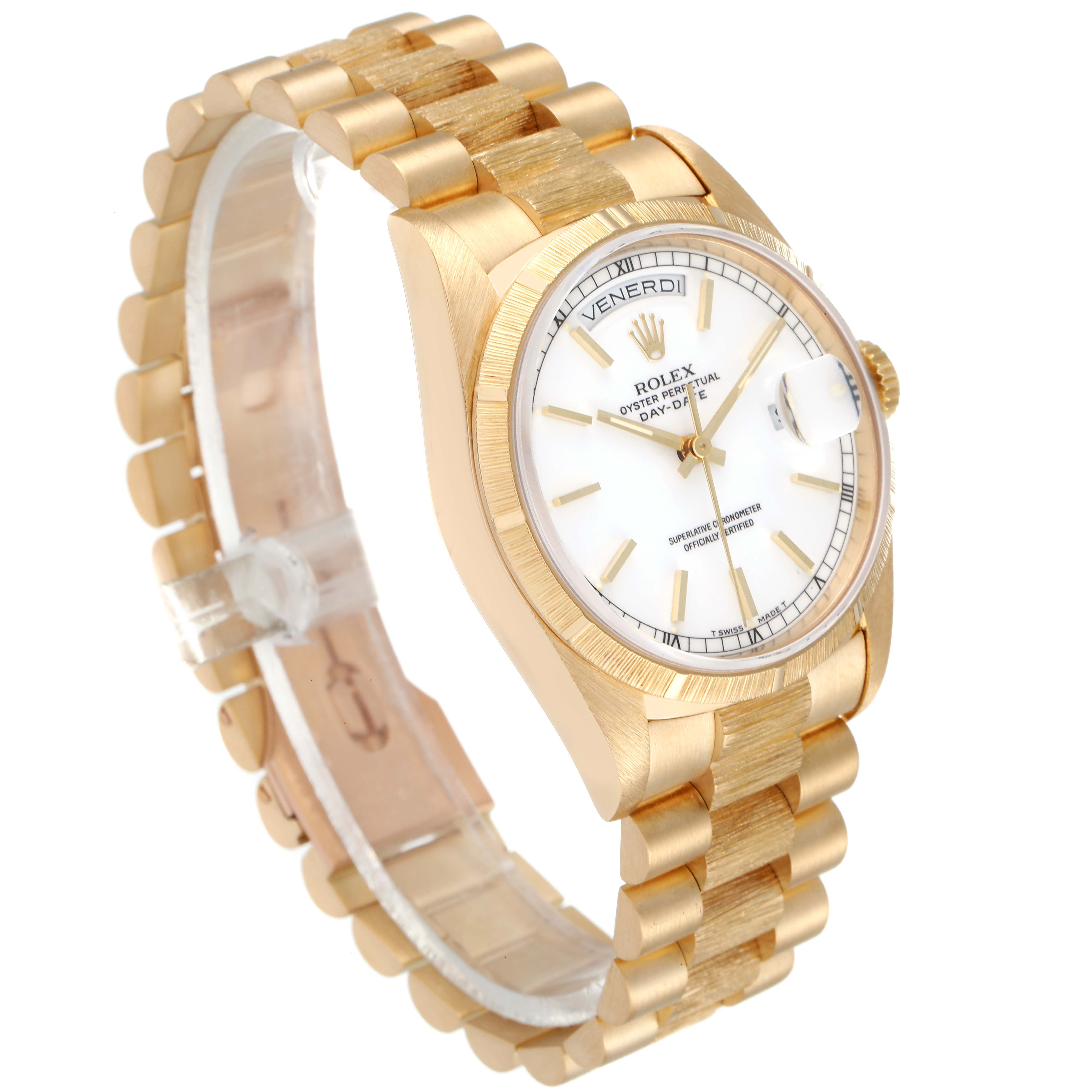 This image shows a Rolex President 18248 Men's Yellow Gold White Dial 18248 Men's Yellow Gold White Dial model watch at an angled view, displaying the dial, bezel, case, and part of the bracelet.