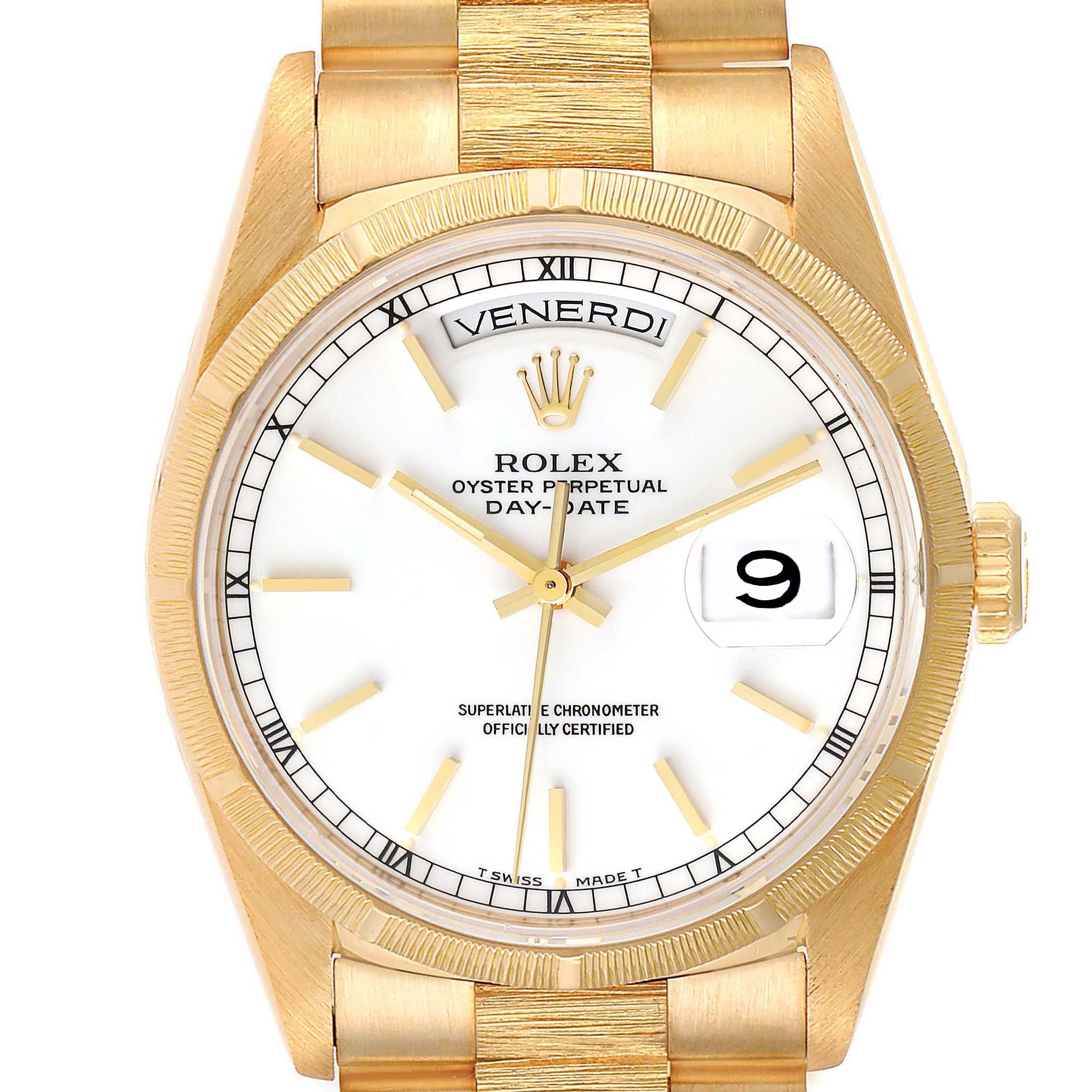 The image shows a front view of the Rolex President 18248 Men's Yellow Gold White Dial 18248 Men's Yellow Gold White Dial model watch, displaying its gold case, white dial, day, and date functions.