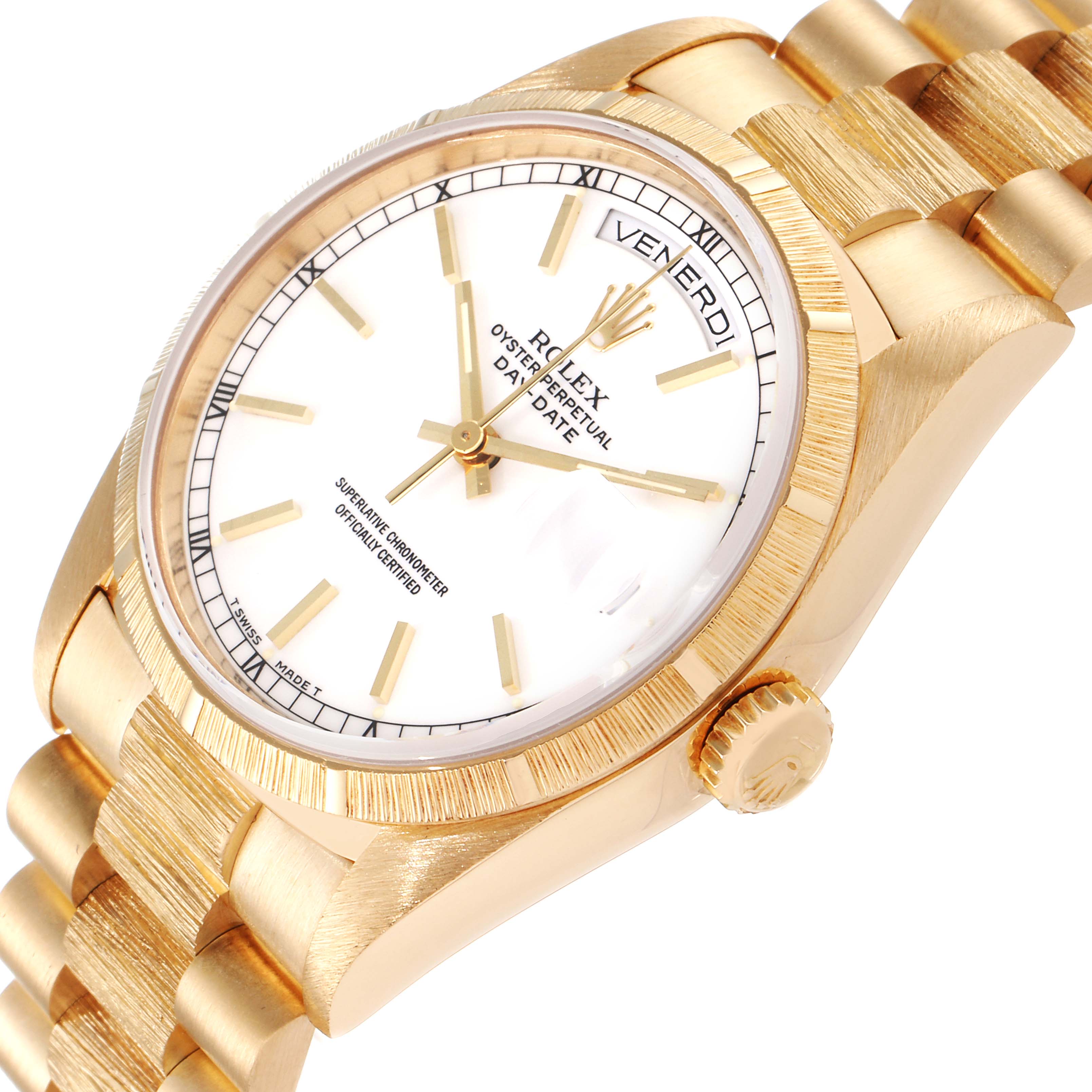 The image shows an angled view of the Rolex President 18248 Men's Yellow Gold White Dial 18248 Men's Yellow Gold White Dial model, highlighting the dial, crown, and part of the bracelet.