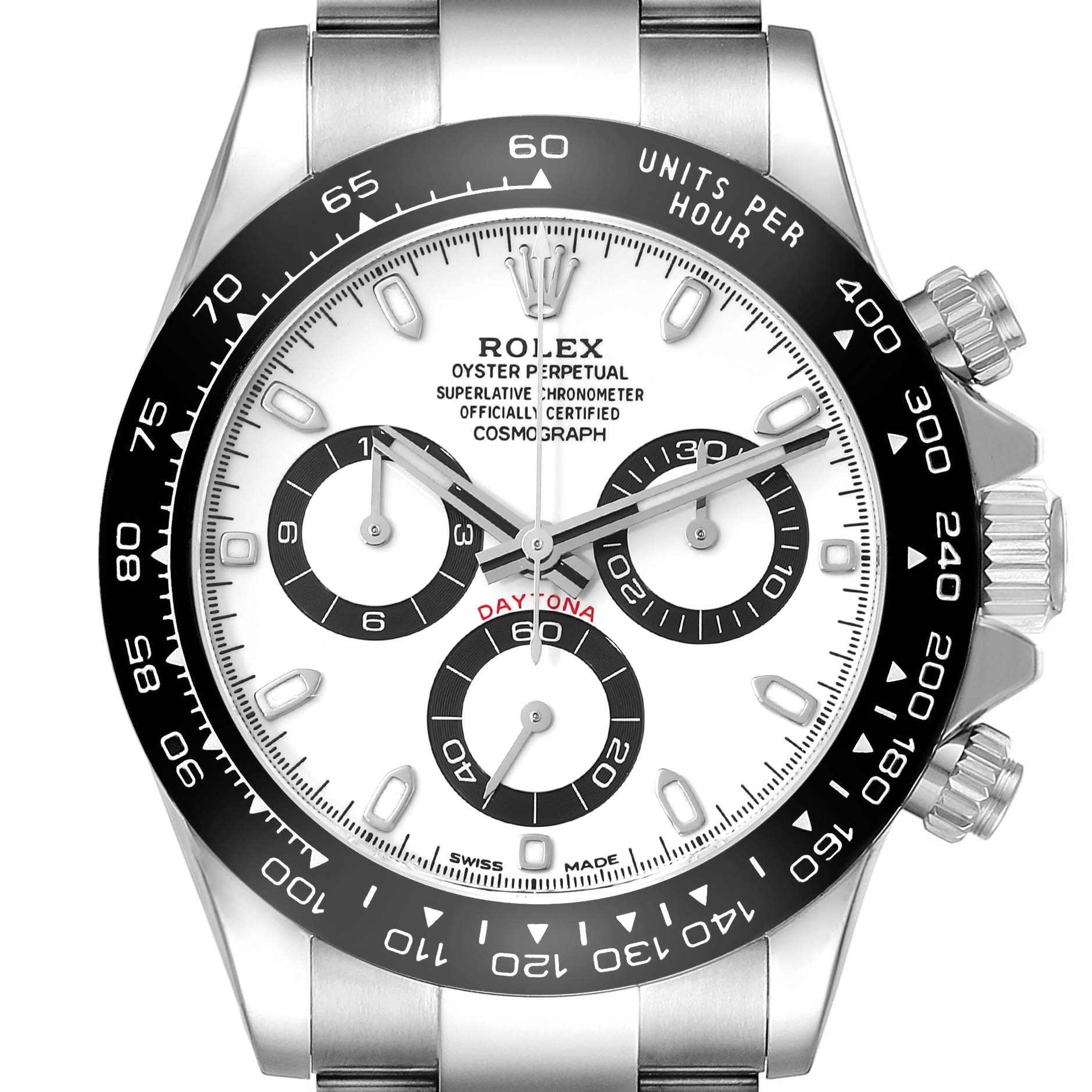 The image shows a close-up view of the Rolex Daytona 116500 Men
s Stainless Steel White Dial 116500 Men
s Stainless Steel White Dial watch dial and bezel, highlighting its chronograph subdials and tachymeter scale.