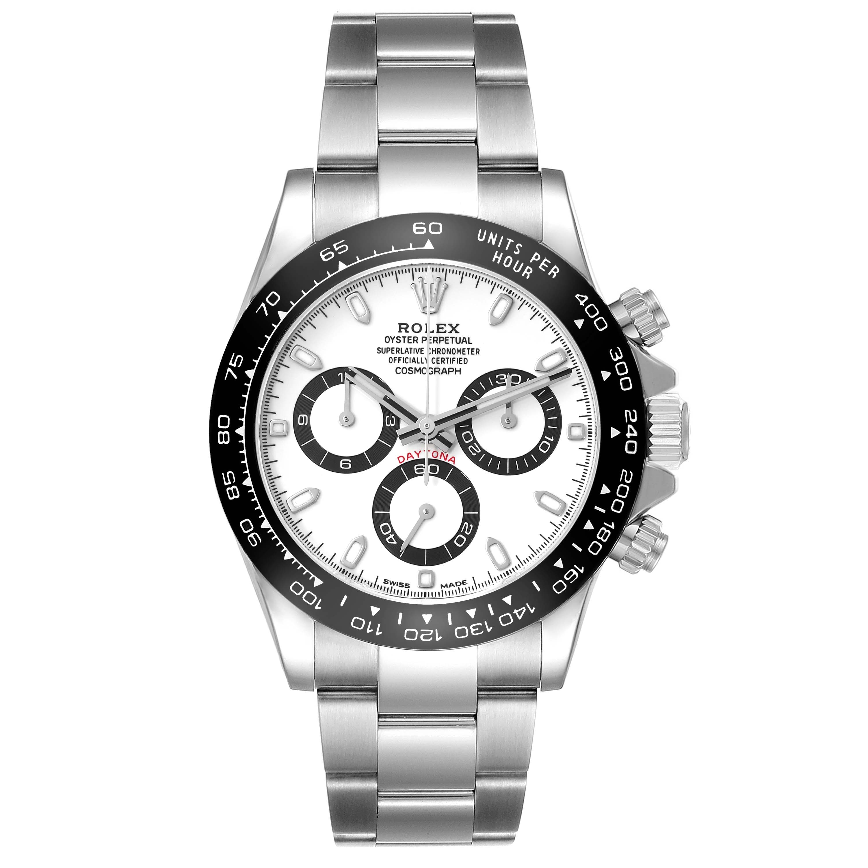 The Rolex Daytona 116500 Men
s Stainless Steel White Dial 116500 Men
s Stainless Steel White Dial watch is shown from the front, displaying its face, bezel, crown, and stainless steel bracelet.