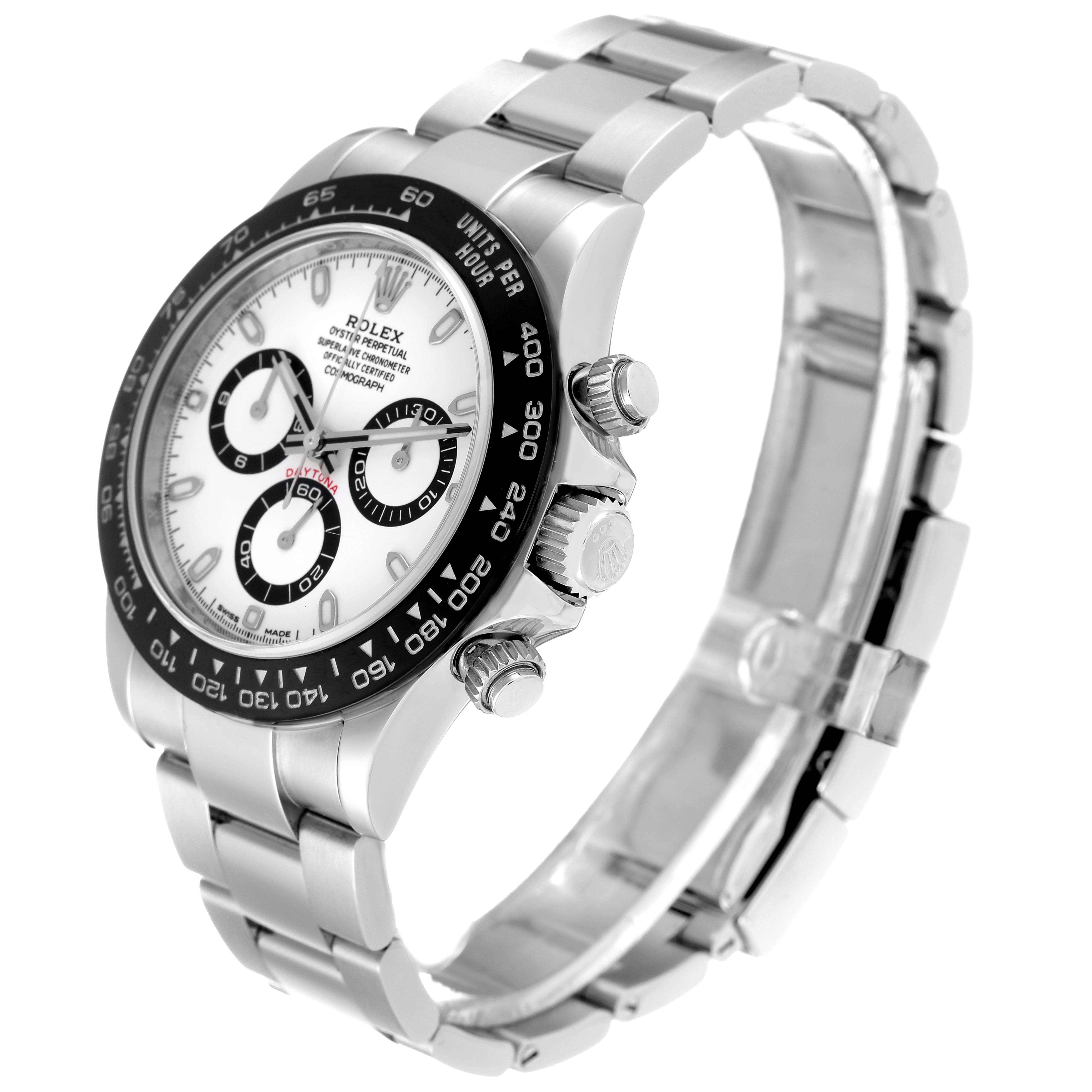 This image shows a Rolex Daytona 116500 Men
s Stainless Steel White Dial 116500 Men
s Stainless Steel White Dial watch from a side angle, highlighting the bezel, crown, and part of the metal bracelet.