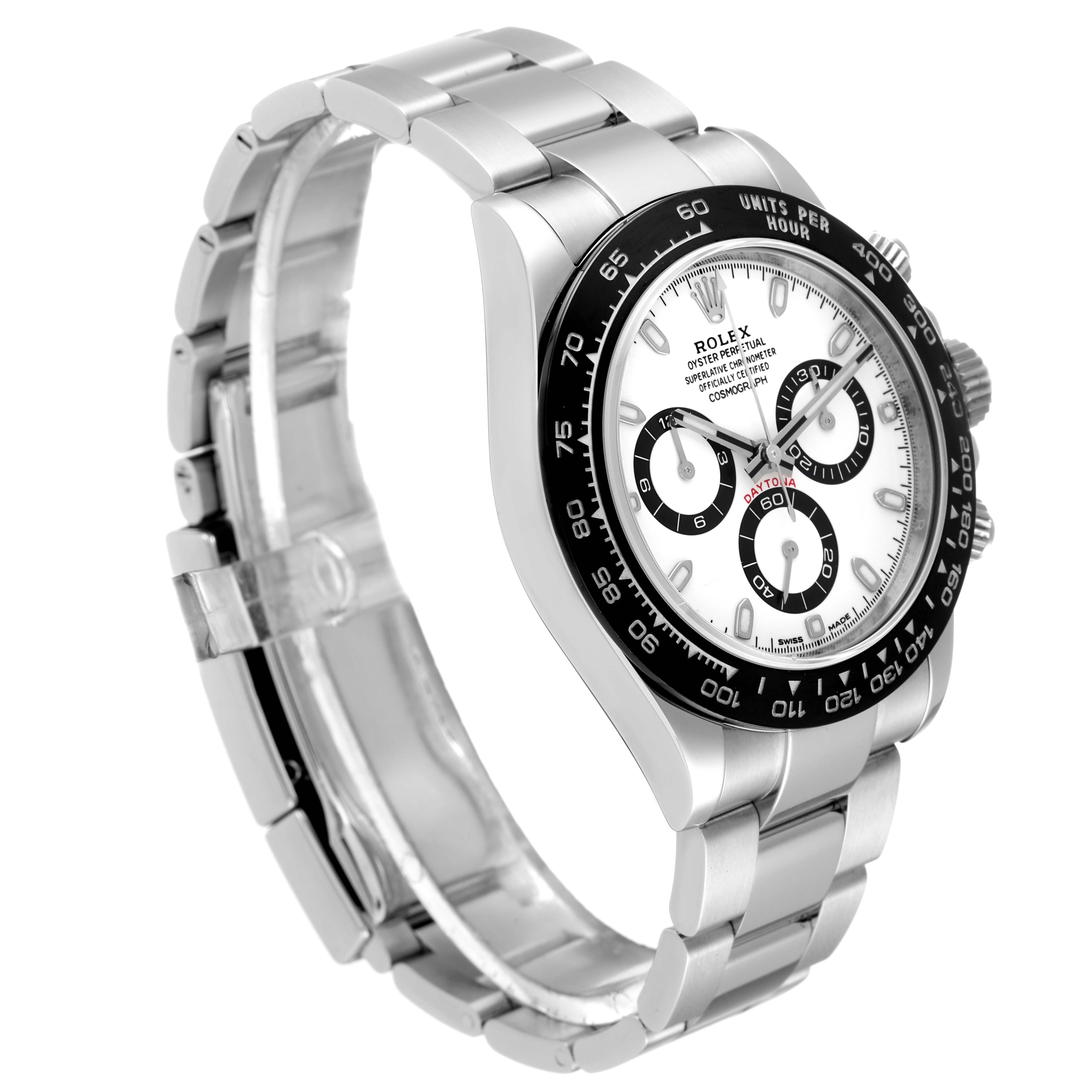 The image shows the Rolex Daytona 116500 Men
s Stainless Steel White Dial 116500 Men
s Stainless Steel White Dial watch at a slight angle, highlighting the face, bezel, and part of the bracelet.