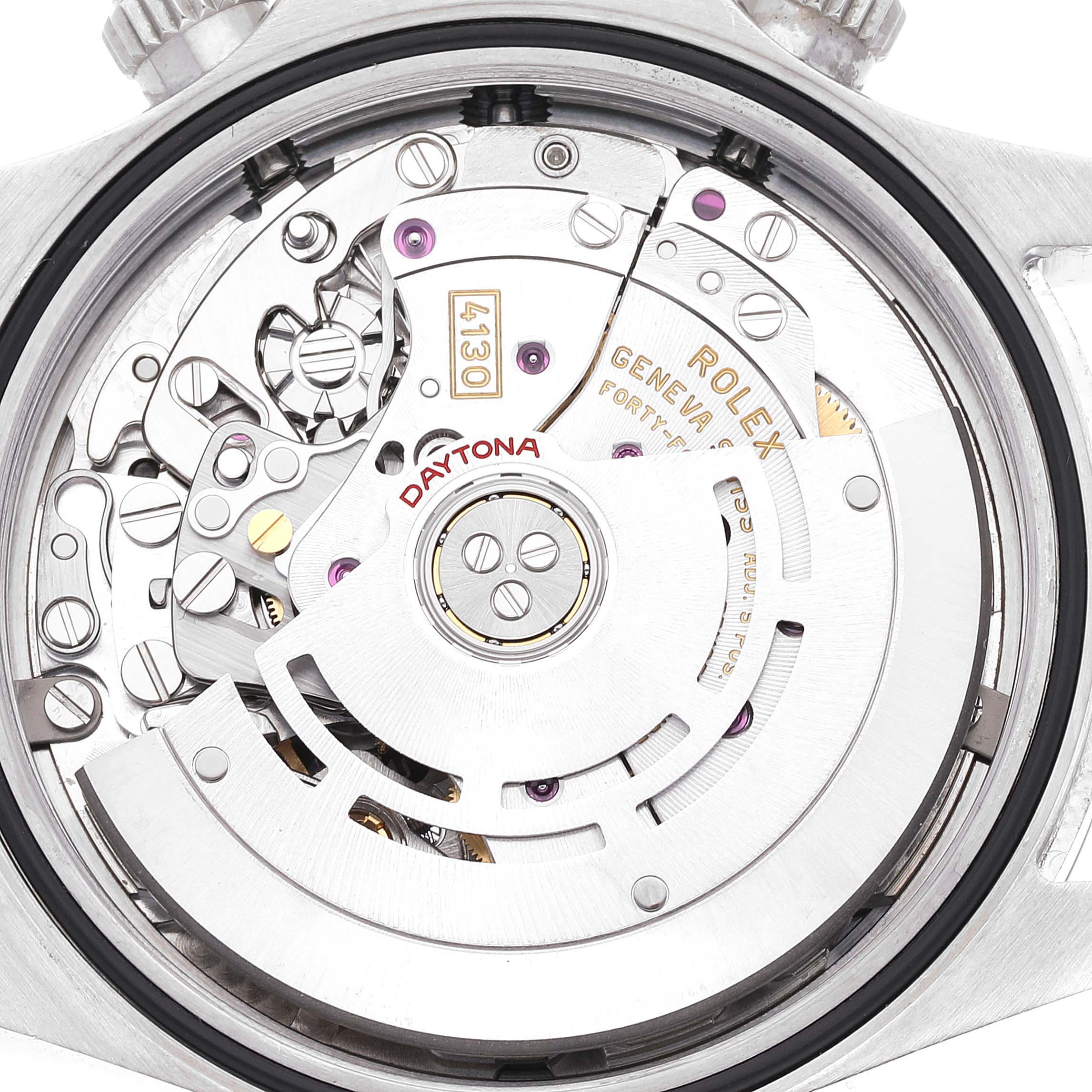 This image shows the internal movement mechanism of the Rolex Daytona 116500 Men
s Stainless Steel White Dial 116500 Men
s Stainless Steel White Dial watch model from a close-up rear angle.