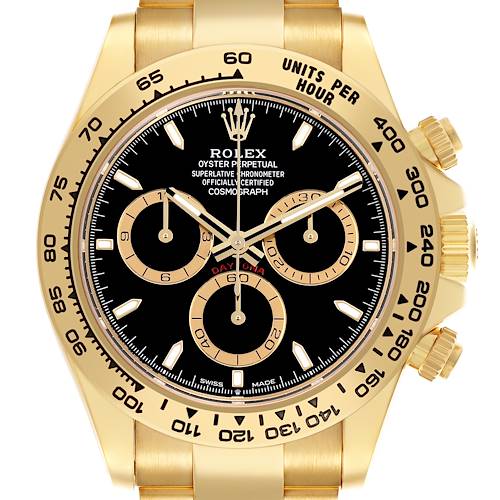 Photo of Rolex Daytona Cosmograph Black Dial Yellow Gold Mens Watch 126508 Box Card