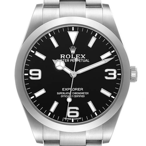 The image shows a front view of the Rolex Explorer watch, highlighting its black dial, white markers, and stainless steel bracelet.