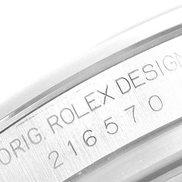 The image shows a close-up of the case side engraving on a Rolex Explorer 216570 Men's Stainless Steel White Dial 216570 Men's Stainless Steel White Dial model.