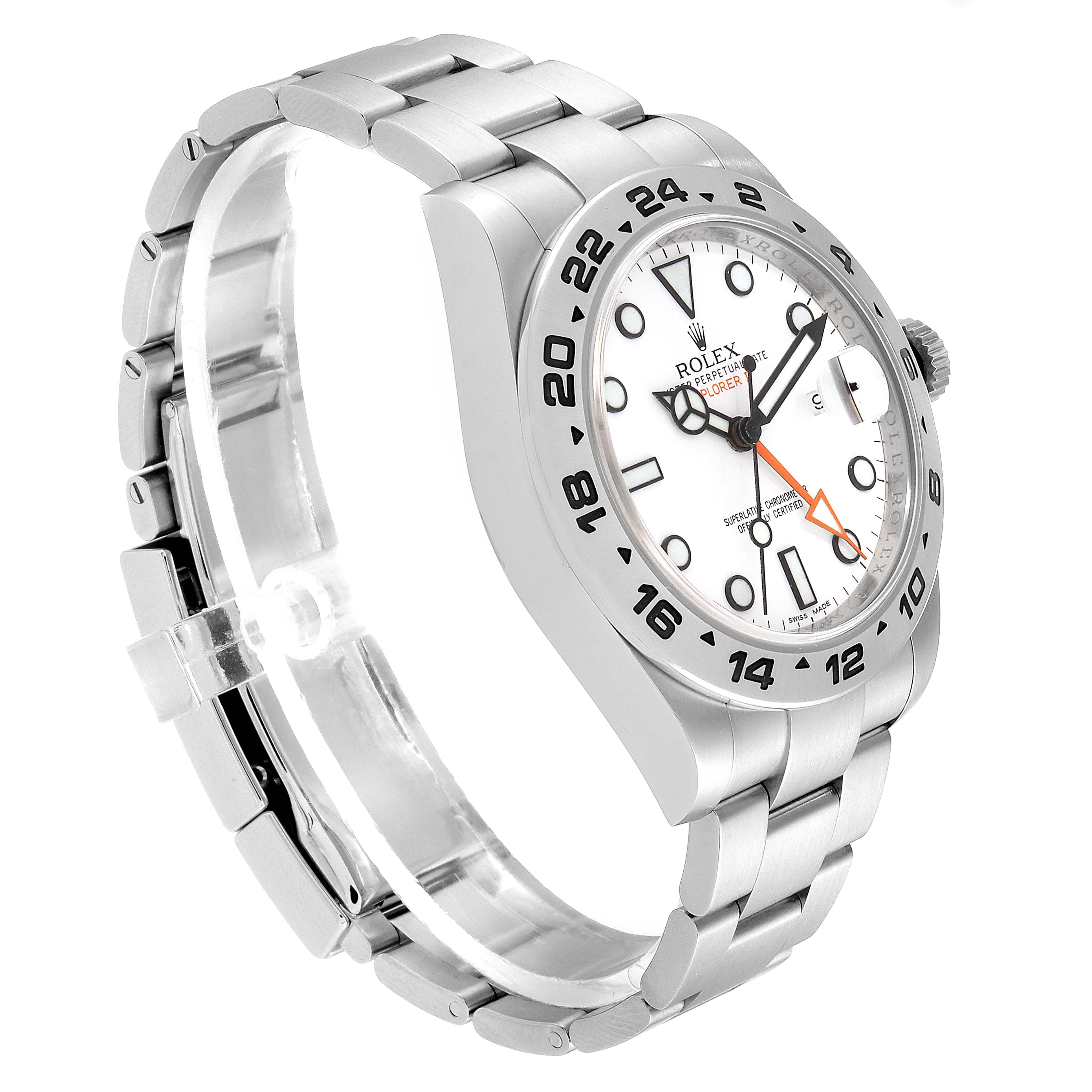 The image shows a side angle view of a Rolex Explorer 216570 Men's Stainless Steel White Dial 216570 Men's Stainless Steel White Dial model watch, highlighting the case, dial, bezel, and bracelet.
