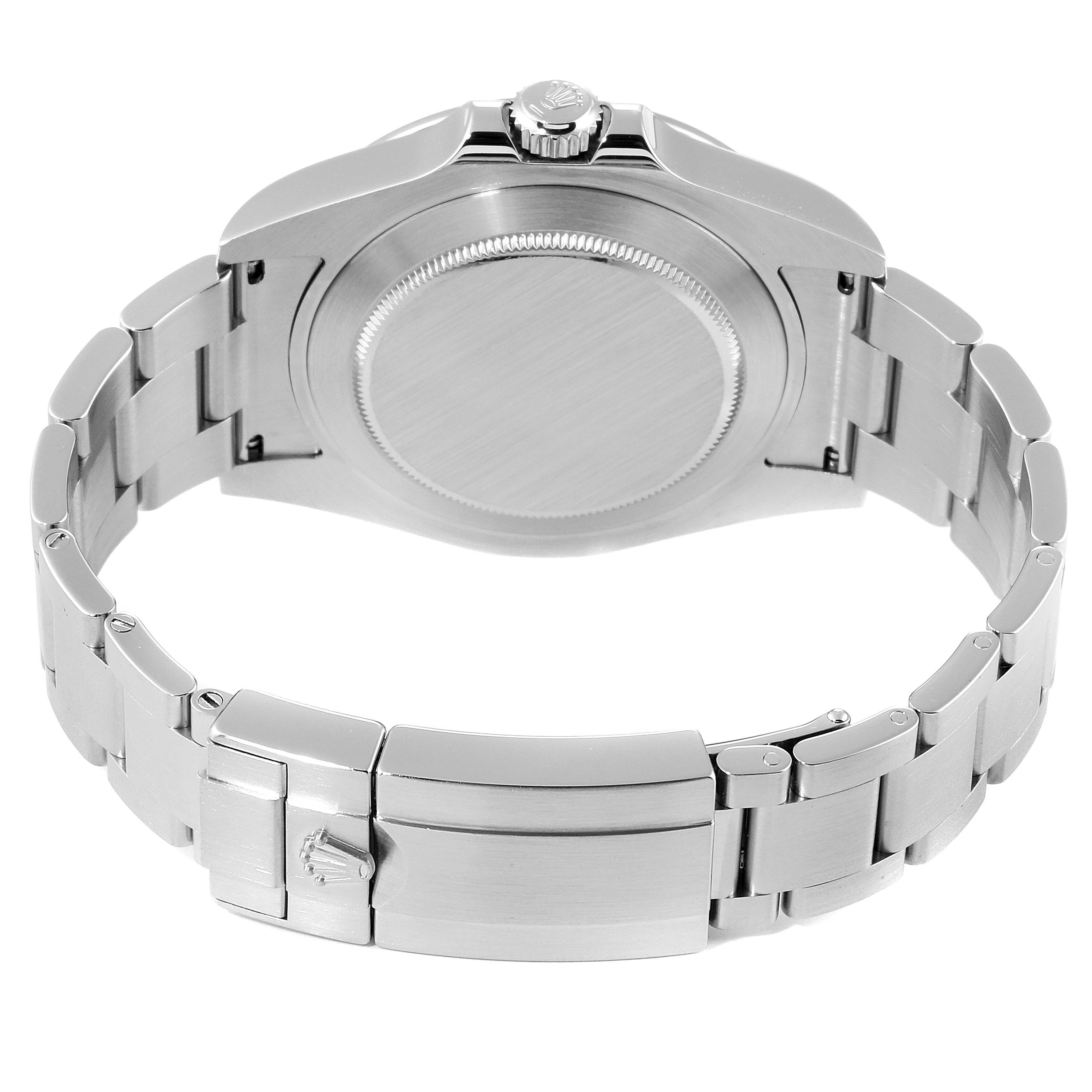 This image shows the back of a Rolex Explorer 216570 Men's Stainless Steel White Dial 216570 Men's Stainless Steel White Dial watch, featuring the clasp, bracelet, case back, and crown.
