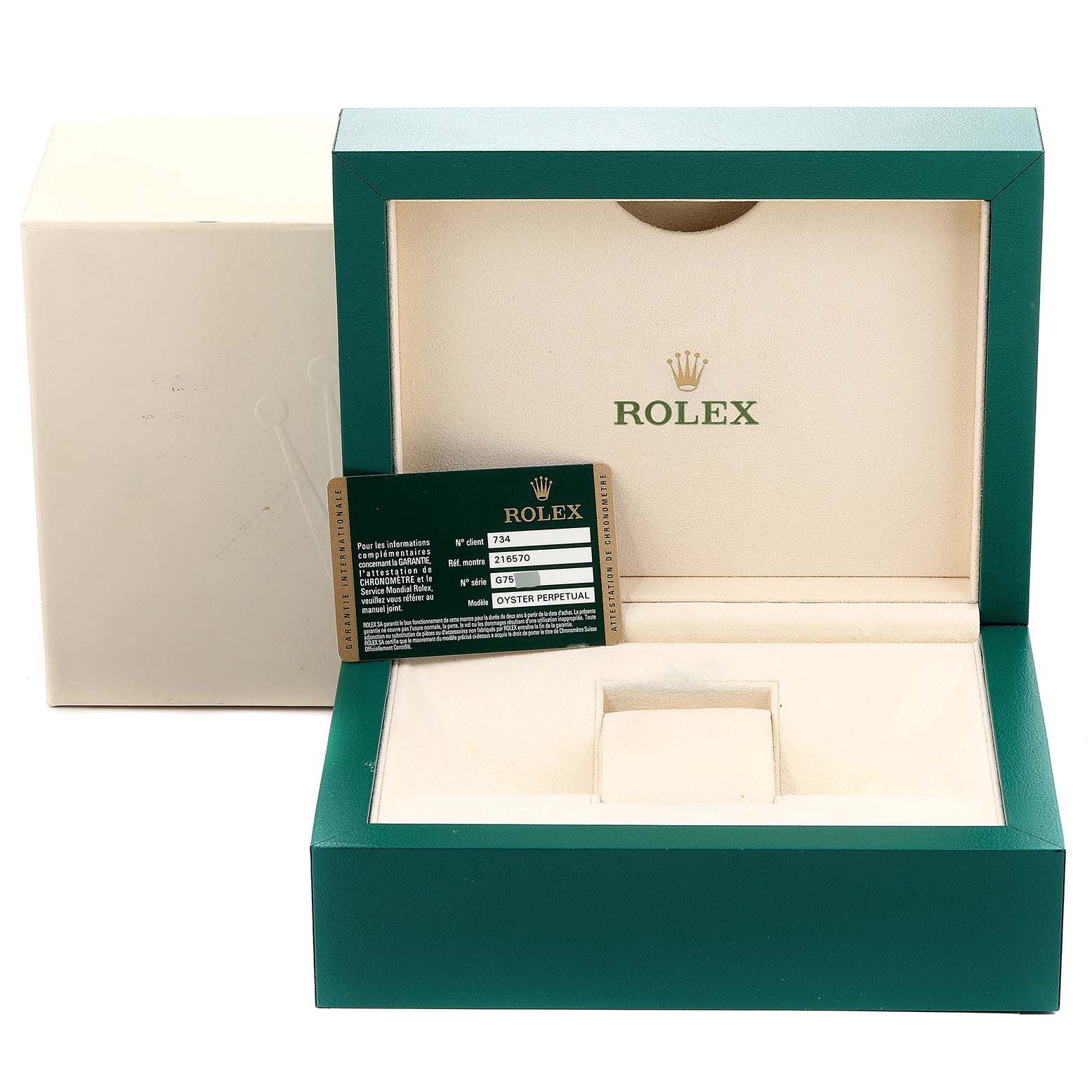 The image shows an open Rolex Explorer 216570 Men's Stainless Steel White Dial 216570 Men's Stainless Steel White Dial watch box at a slight angle with an authenticity card inside.