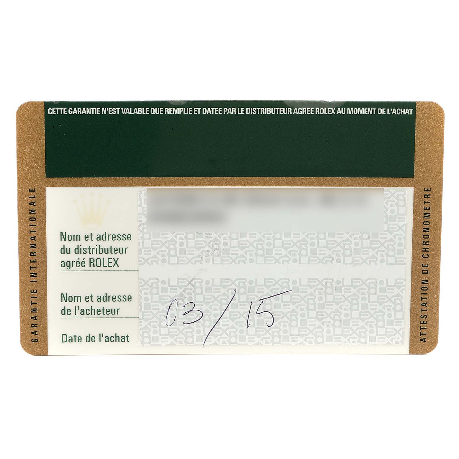 The image shows a warranty card for a Rolex Explorer 216570 Men's Stainless Steel White Dial 216570 Men's Stainless Steel White Dial watch with fields for distributor and buyer information.