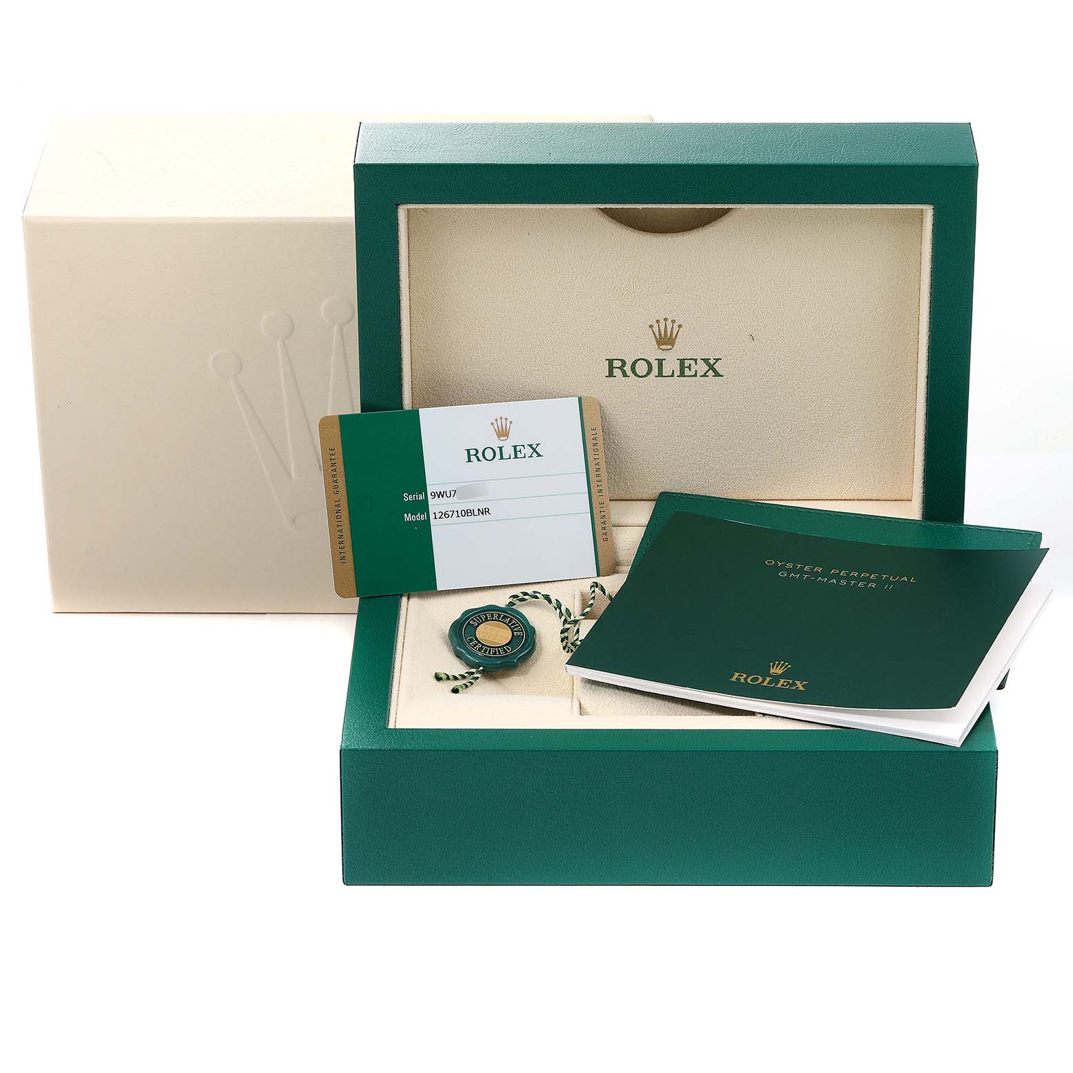 This image shows a Rolex GMT-Master 126710 Men
s Stainless Steel Black Dial 126710 Men
s Stainless Steel Black Dial watch box, warranty card, booklet, and tag from a front angle.