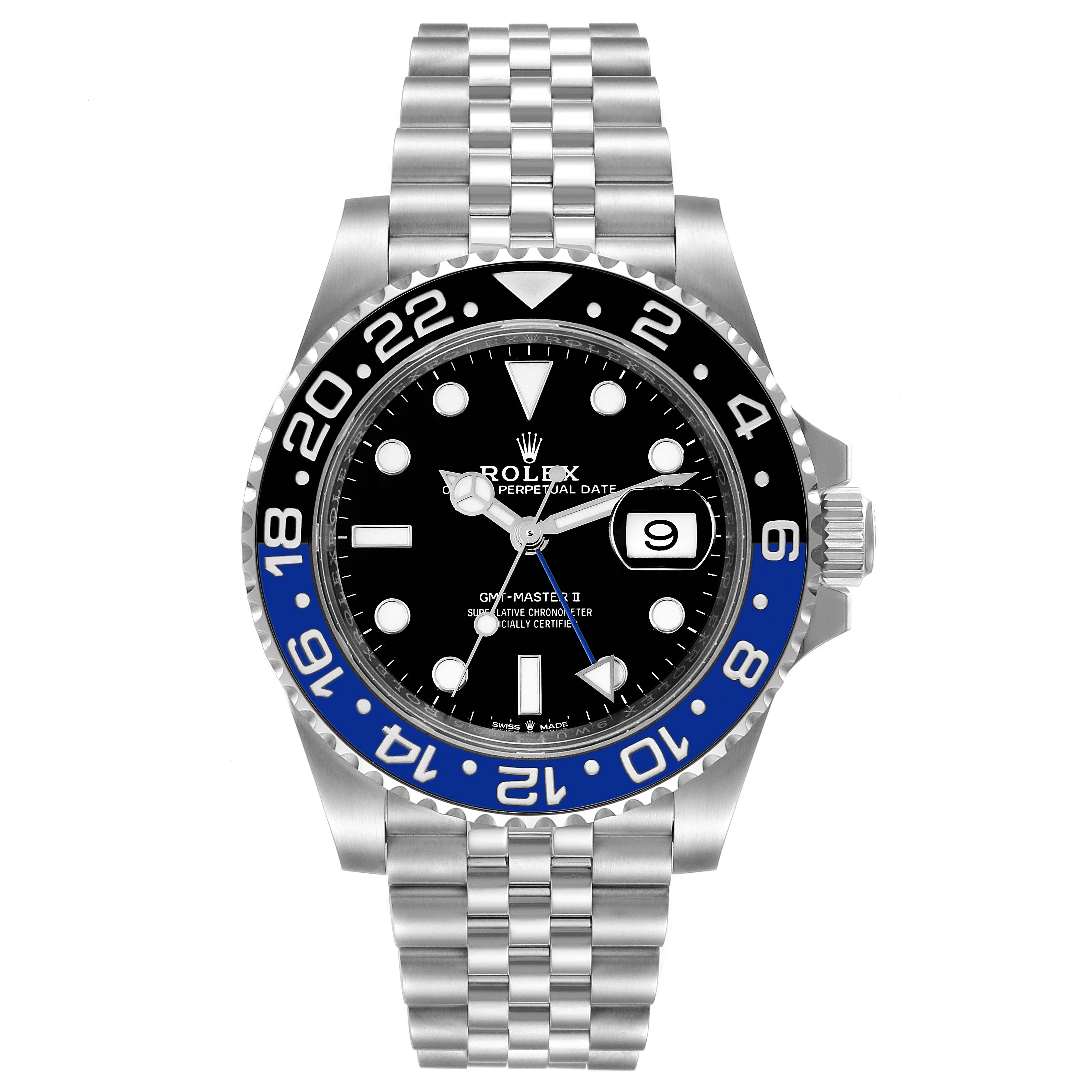 The image shows a front view of a Rolex GMT-Master 126710 Men
s Stainless Steel Black Dial 126710 Men
s Stainless Steel Black Dial II watch with a black and blue bezel and a Jubilee bracelet.