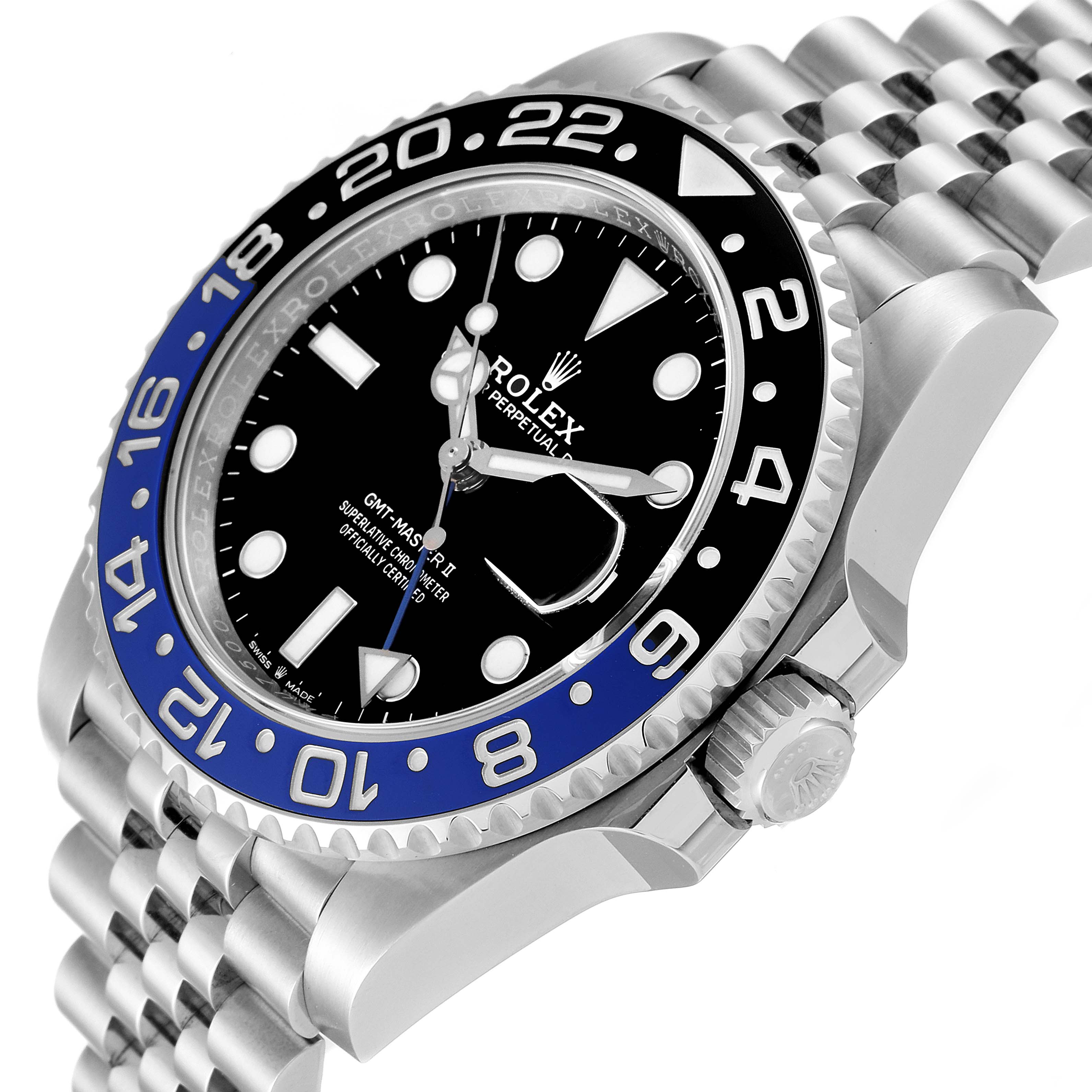 The image shows a side and partial front view of a Rolex GMT-Master 126710 Men
s Stainless Steel Black Dial 126710 Men
s Stainless Steel Black Dial II watch, highlighting the bezel, crown, and bracelet.