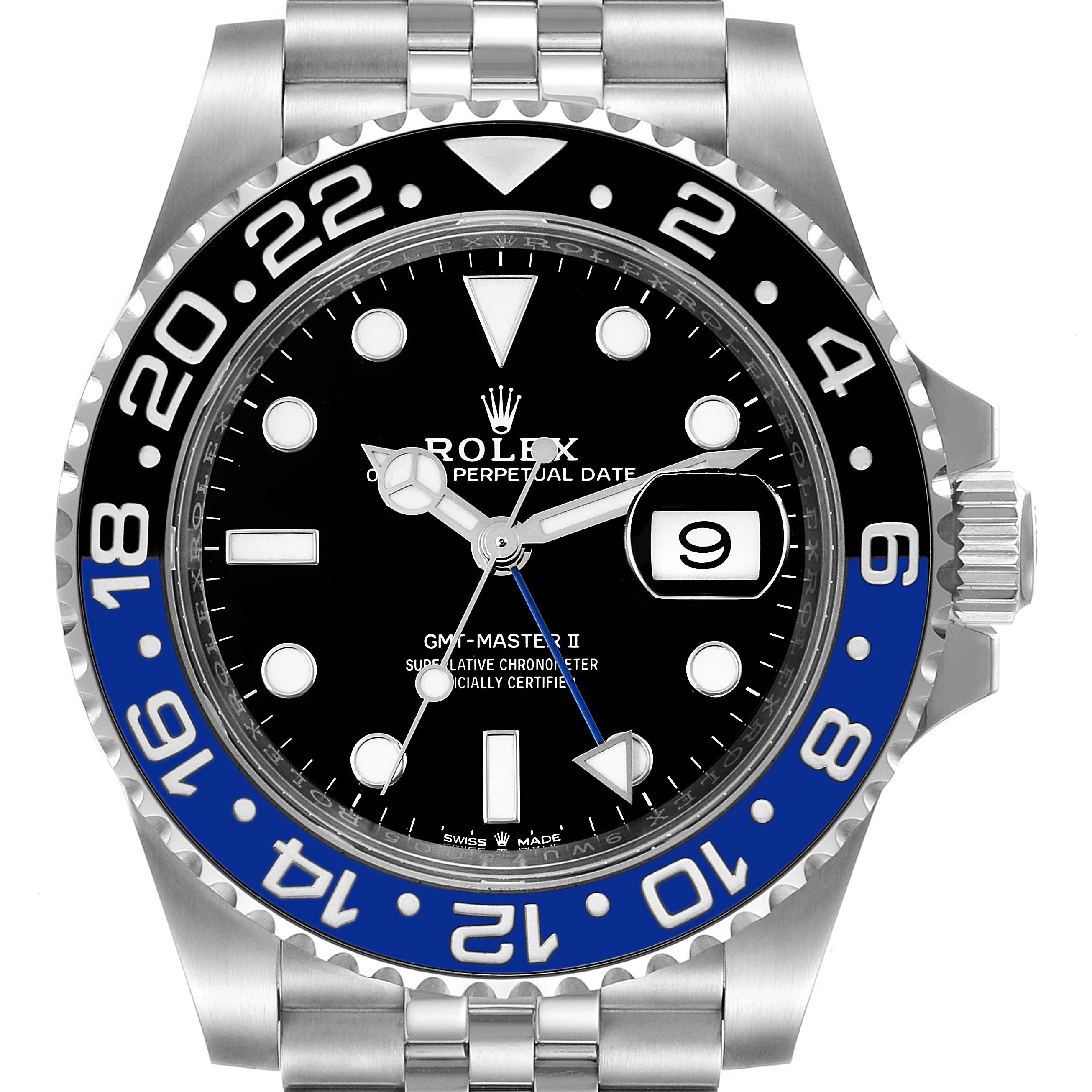 The image shows a front view of the Rolex GMT-Master 126710 Men
s Stainless Steel Black Dial 126710 Men
s Stainless Steel Black Dial II watch, including the bezel, dial, and bracelet.
