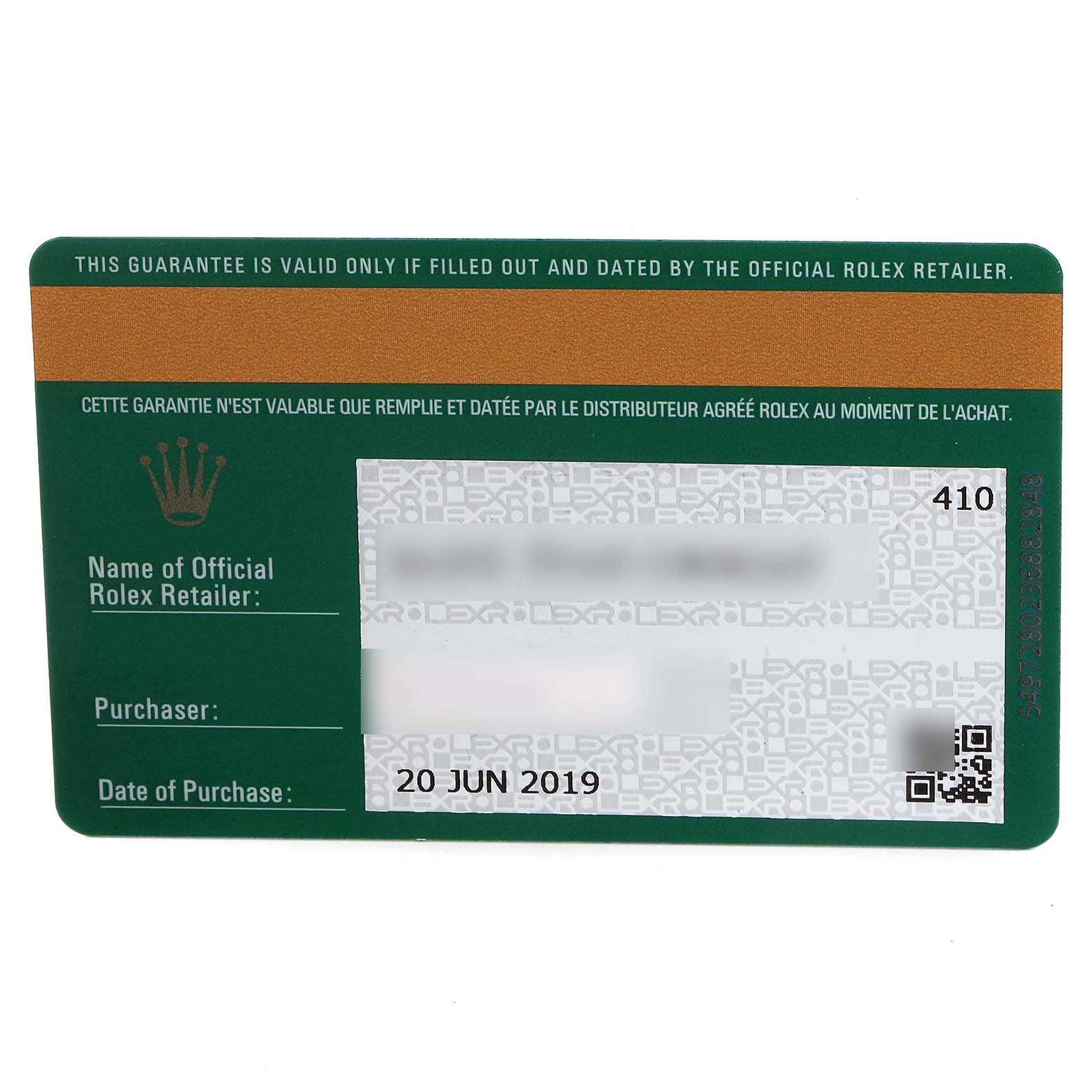 The image shows the guarantee card for a Rolex GMT-Master 126710 Men
s Stainless Steel Black Dial 126710 Men
s Stainless Steel Black Dial watch, filled out and dated.