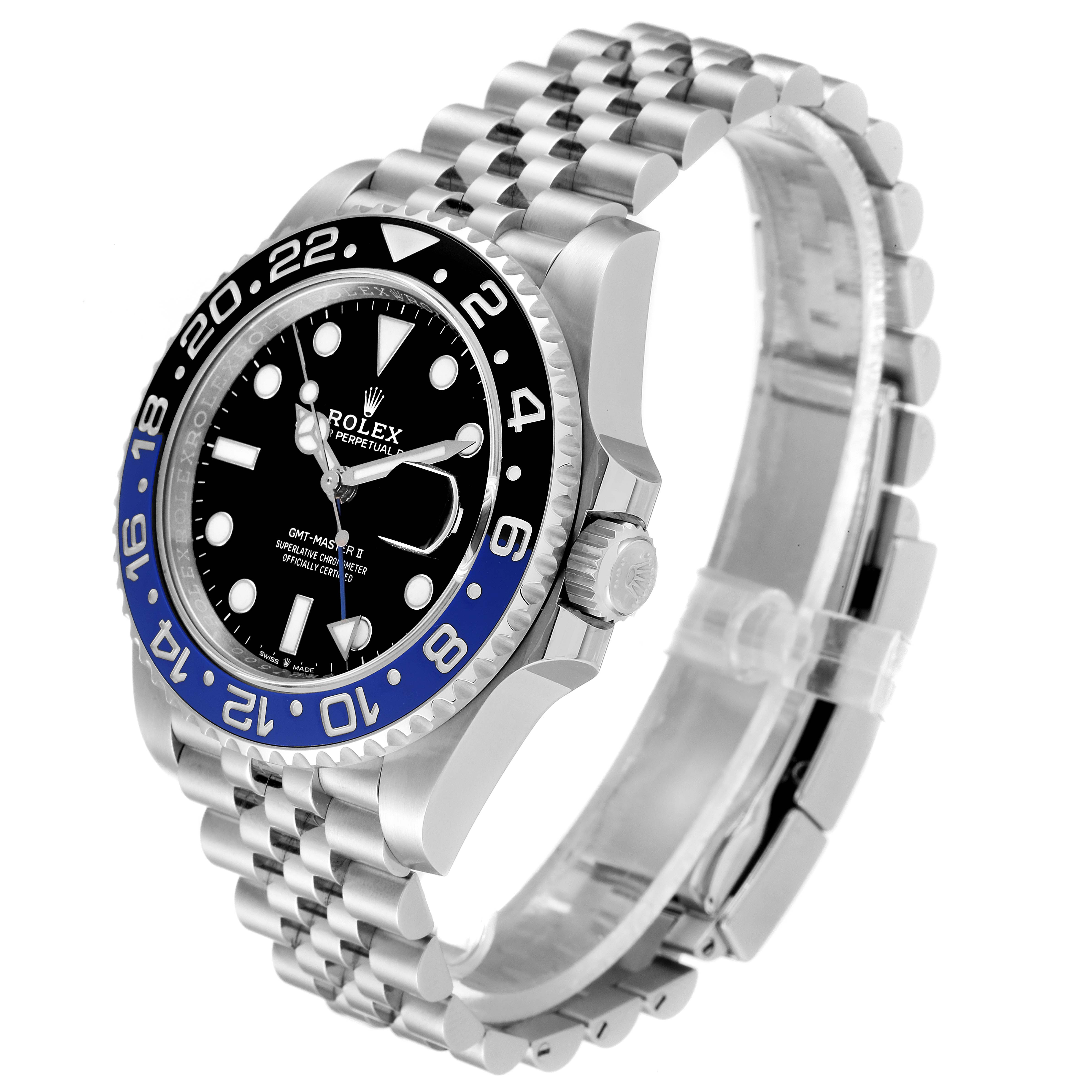 This image shows a Rolex GMT-Master 126710 Men
s Stainless Steel Black Dial 126710 Men
s Stainless Steel Black Dial watch at a three-quarter angle, highlighting the bezel, face, and bracelet.