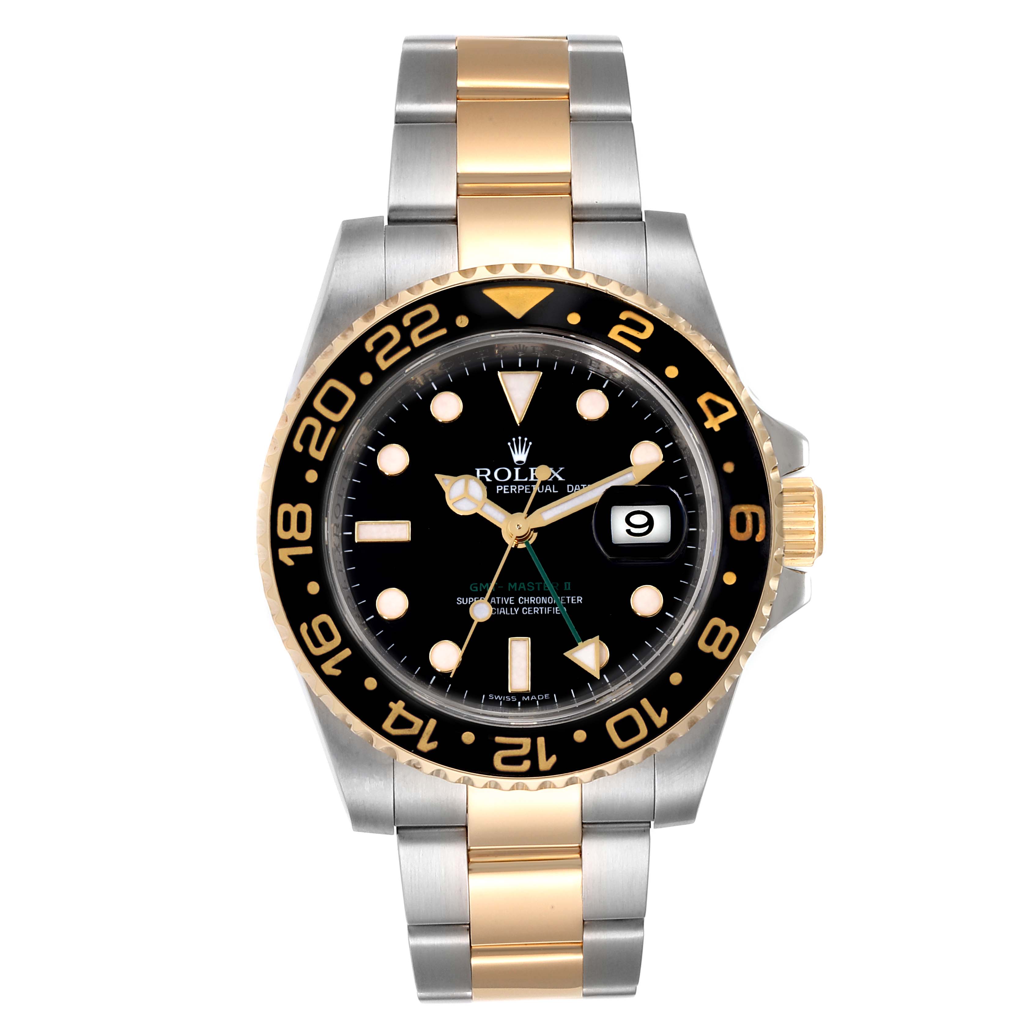 This image shows a front view of a Rolex GMT-Master 116713 Men's Steel and Gold (two tone) Black Dial 116713 Men's Steel and Gold (two tone) Black Dial watch, highlighting the dial, bezel, and two-tone bracelet.