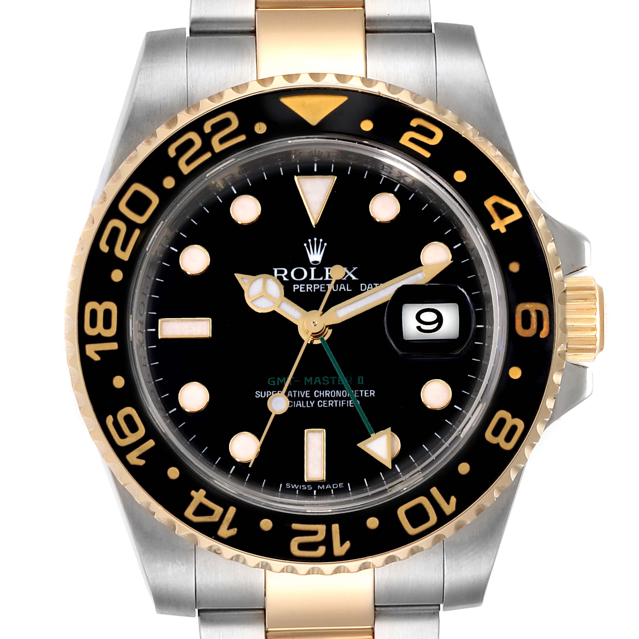 The image shows a front view of a Rolex GMT-Master 116713 Men's Steel and Gold (two tone) Black Dial 116713 Men's Steel and Gold (two tone) Black Dial watch, highlighting its bezel, dial, and bracelet.