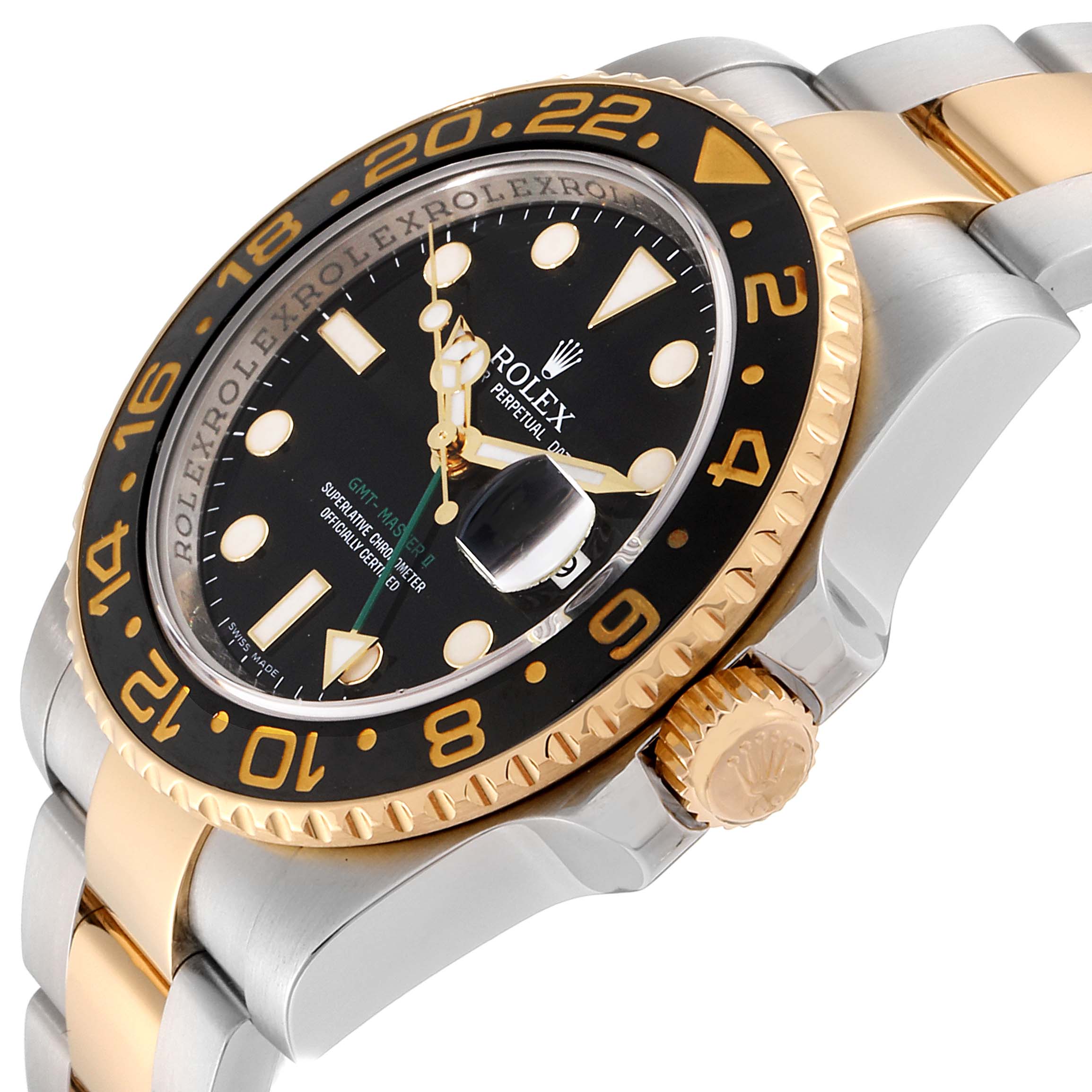 The image shows a Rolex GMT-Master 116713 Men's Steel and Gold (two tone) Black Dial 116713 Men's Steel and Gold (two tone) Black Dial watch at an angle, highlighting the bezel, dial, crown, and part of the bracelet.