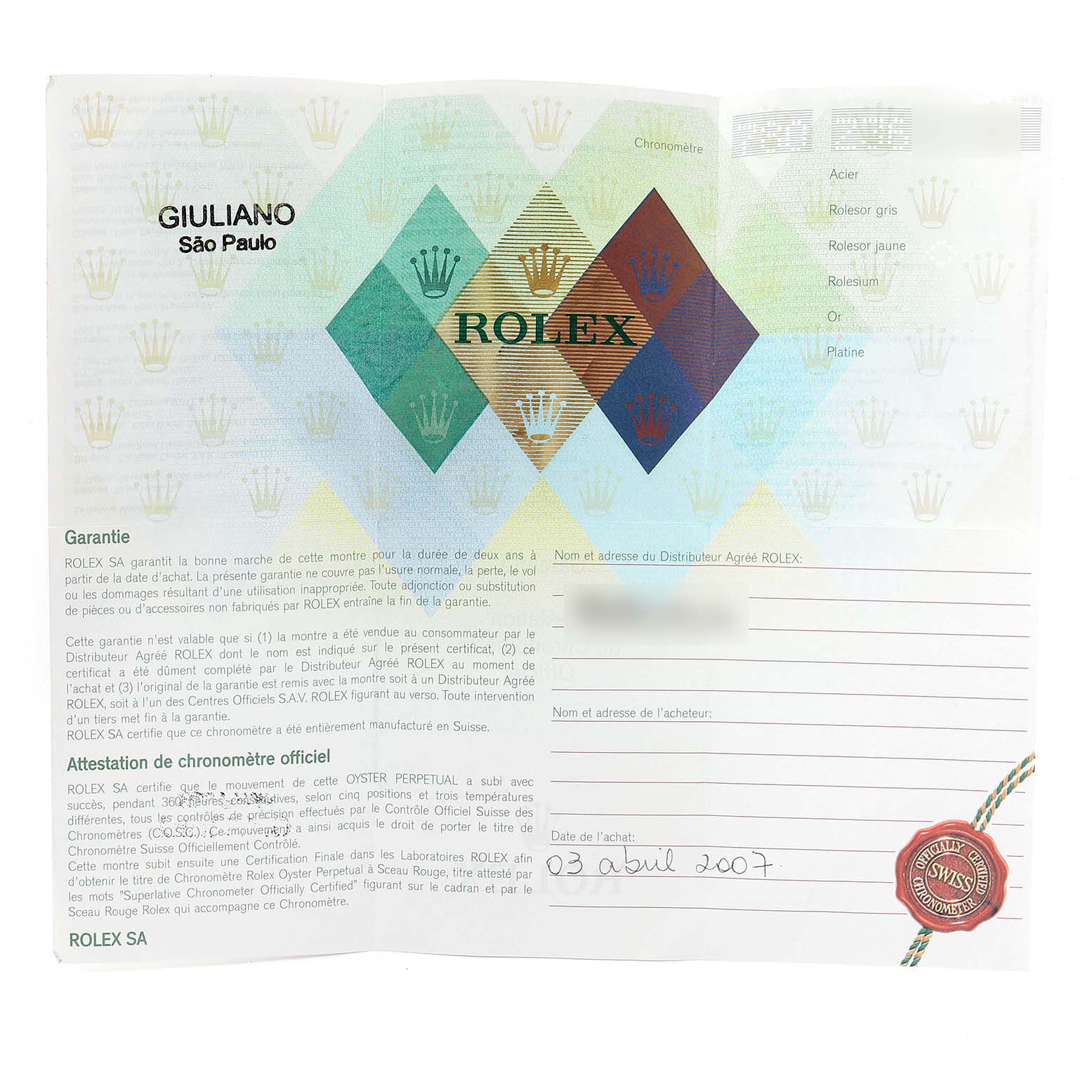 This image showcases the warranty certificate for a Rolex GMT-Master 116713 Men's Steel and Gold (two tone) Black Dial 116713 Men's Steel and Gold (two tone) Black Dial, including purchase details and dealer information.