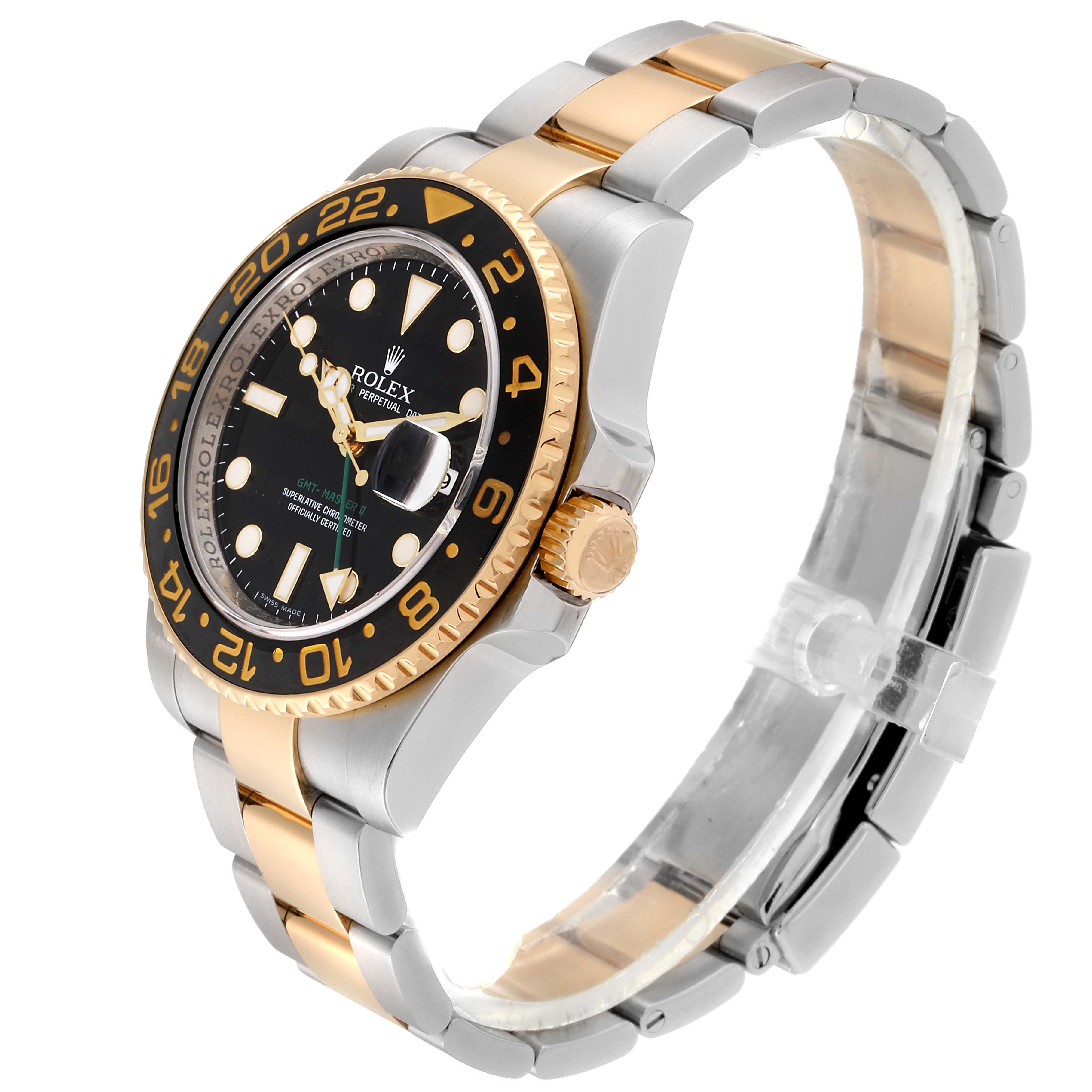 This image shows a side angle of a Rolex GMT-Master 116713 Men's Steel and Gold (two tone) Black Dial 116713 Men's Steel and Gold (two tone) Black Dial watch, highlighting its bracelet, crown, bezel, and dial.
