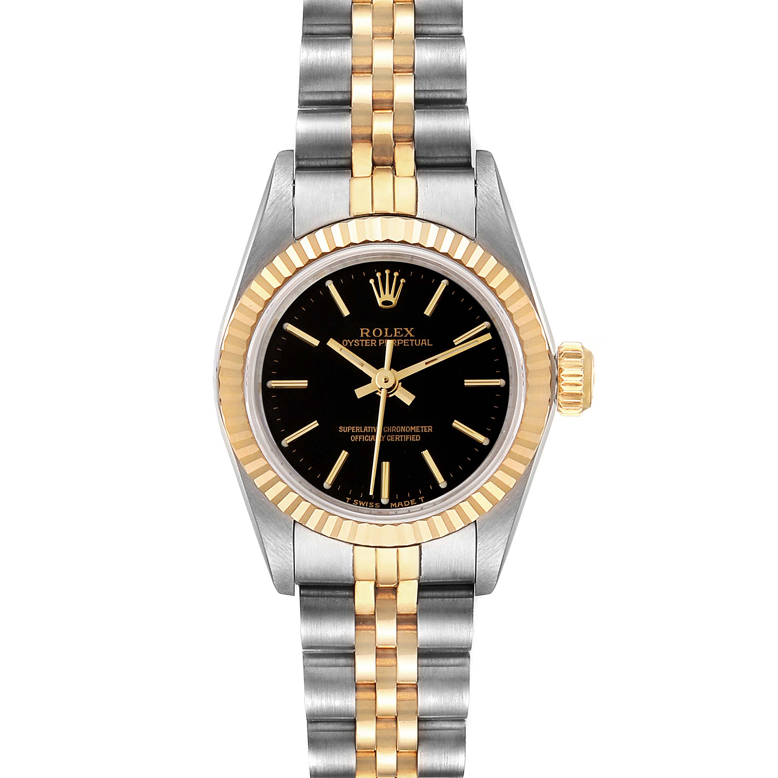 This Rolex Oyster Perpetual 67193 Women's Steel and Gold (two tone) Black Dial 67193 Women's Steel and Gold (two tone) Black Dial watch is shown from the front, displaying the face, bezel, crown, and bracelet.