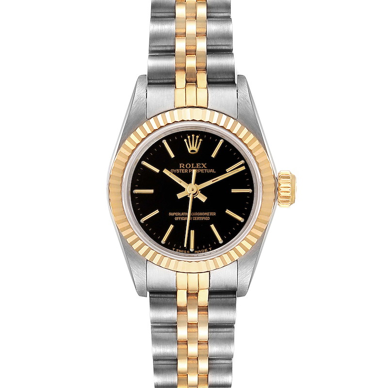 Rolex Oyster Perpetual Black Dial Steel Yellow Gold Ladies Watch 67193 SwissWatchExpo