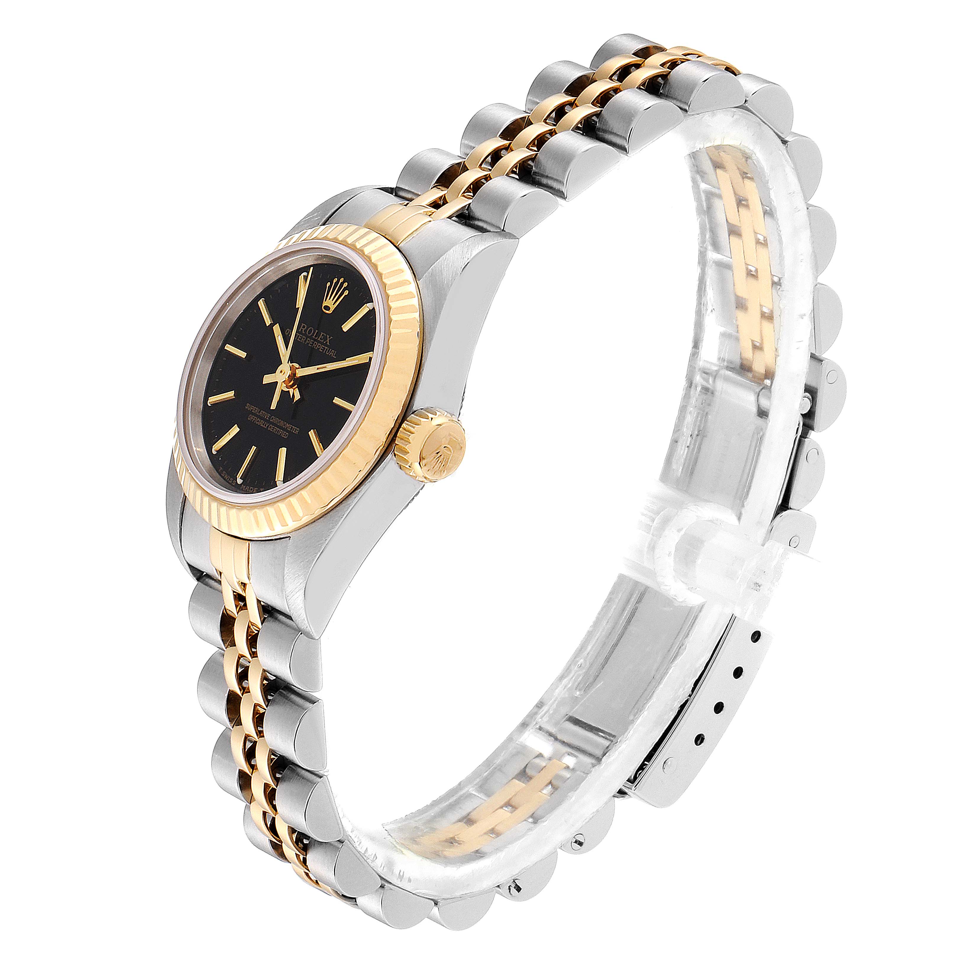 The image shows a side angle view of the Rolex Oyster Perpetual 67193 Women's Steel and Gold (two tone) Black Dial 67193 Women's Steel and Gold (two tone) Black Dial watch, highlighting its black dial, gold bezel, and two-tone bracelet.